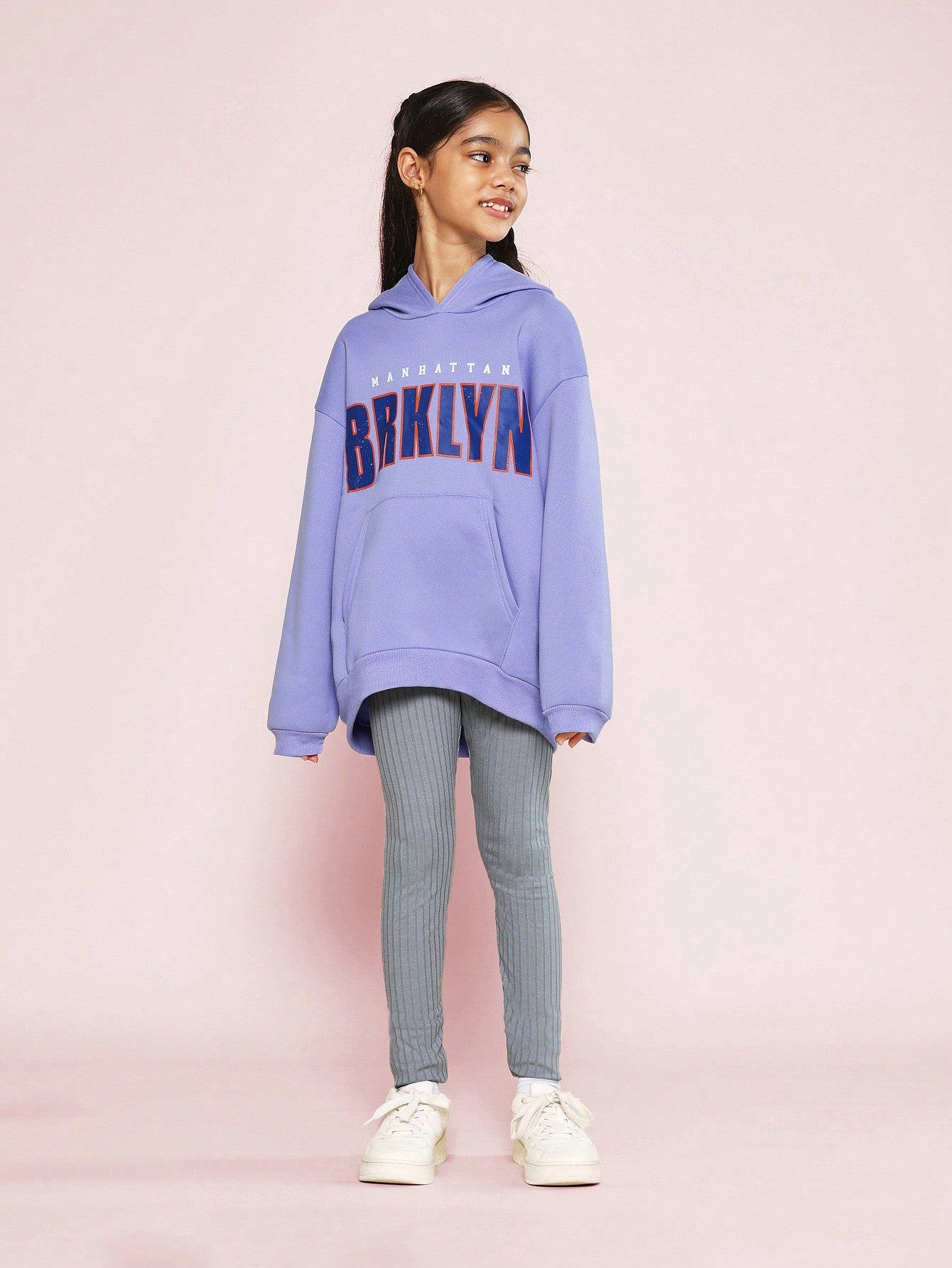 Tween Girls Oversized Kangaroo Hoodie With BRKLYN Graphic Print And Stripe Legging 2 Piece Set