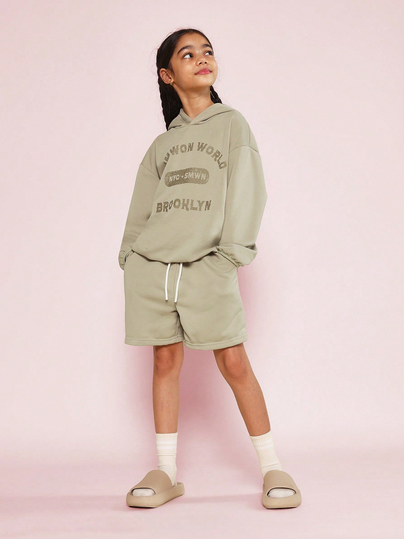 Tween Girls Overhead Hoodie And Short With Front Brooklyn Graphic Print 2 Piece Set