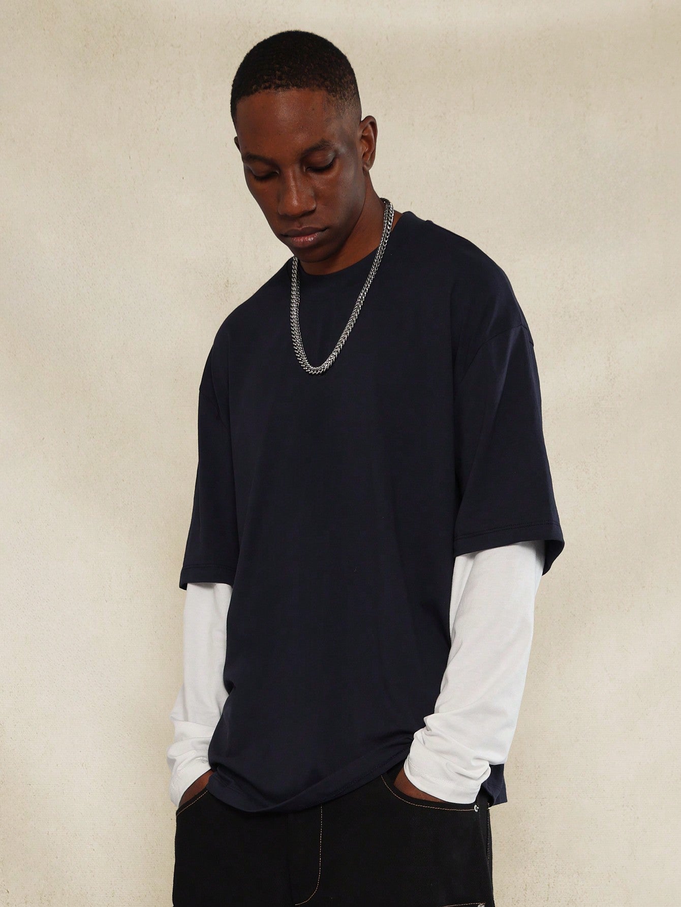 Regular Fit Double Layer Long Sleeve Tee With Contrast Sleeve