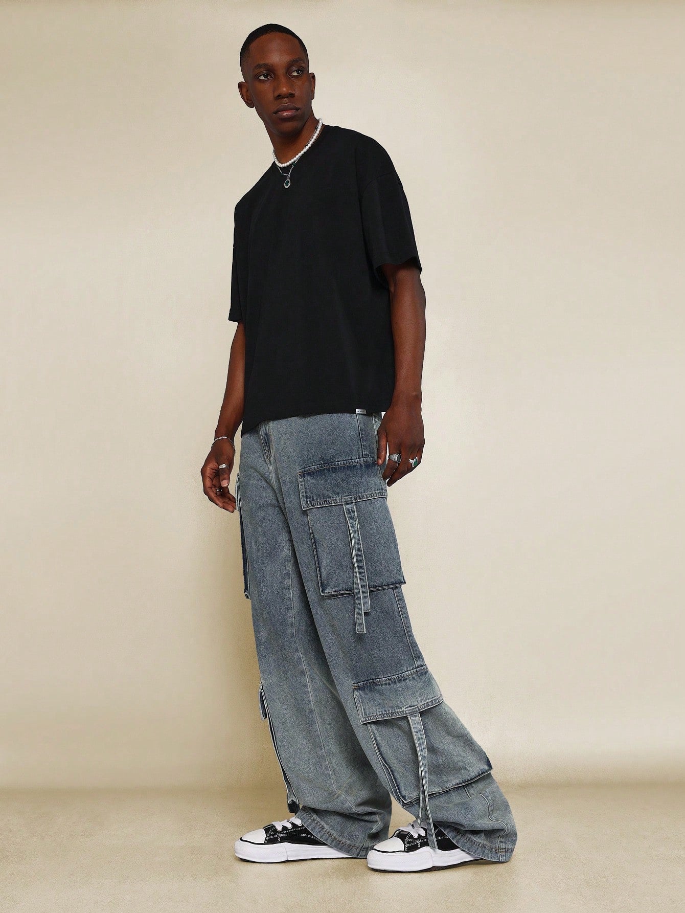 Washed Faded Baggy Fit Cargo Jeans