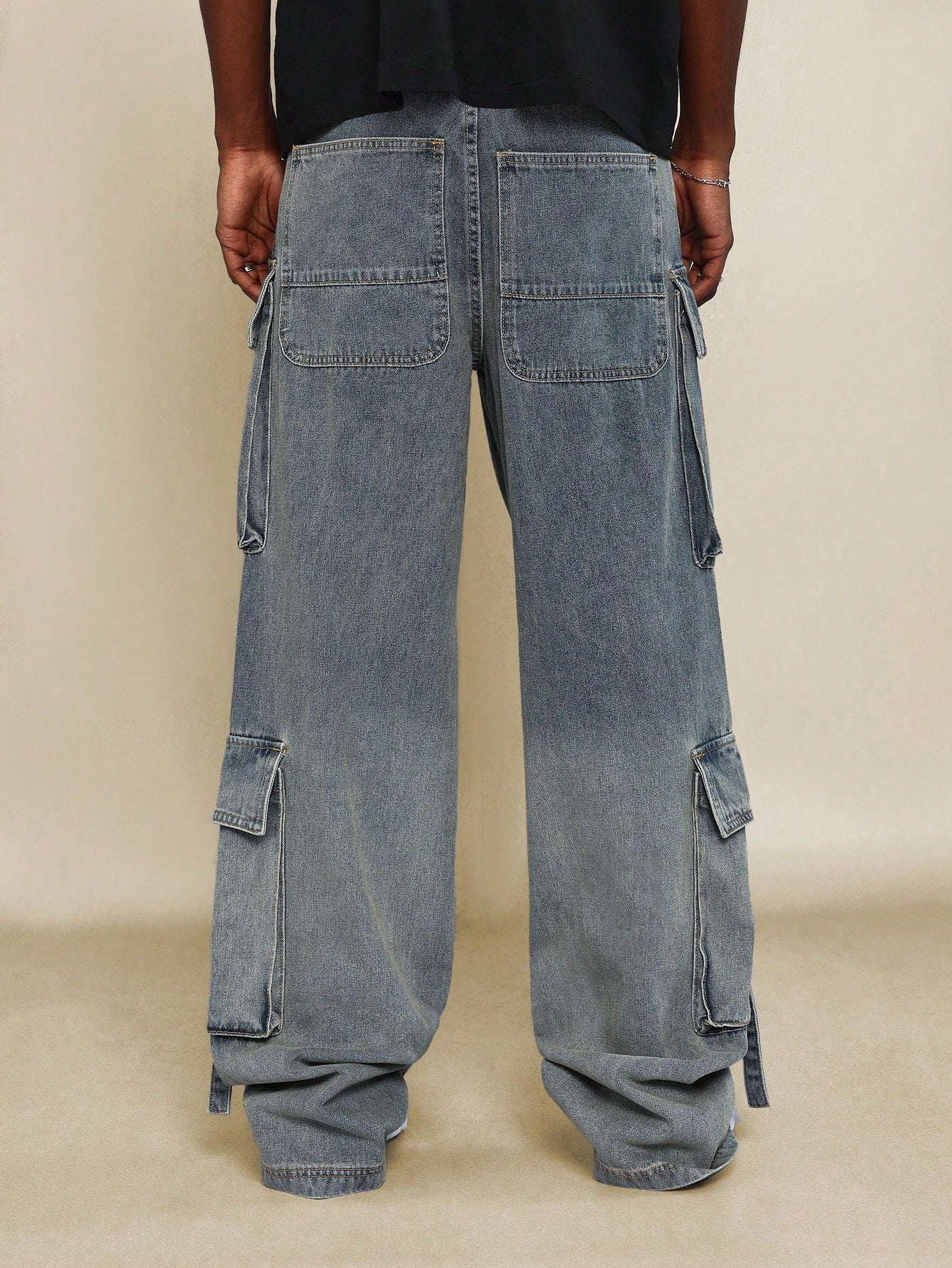 Washed Faded Baggy Fit Cargo Jeans