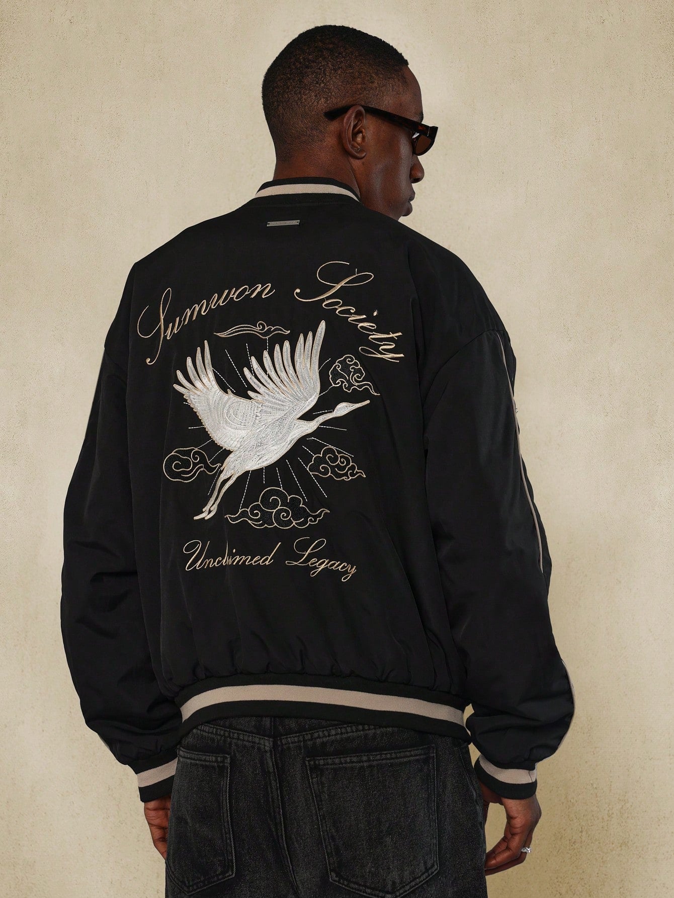 Souvenir Nylon Jacket Japanese Style With Heron Fantasy Bird Spreading Wings Embroidery Detail