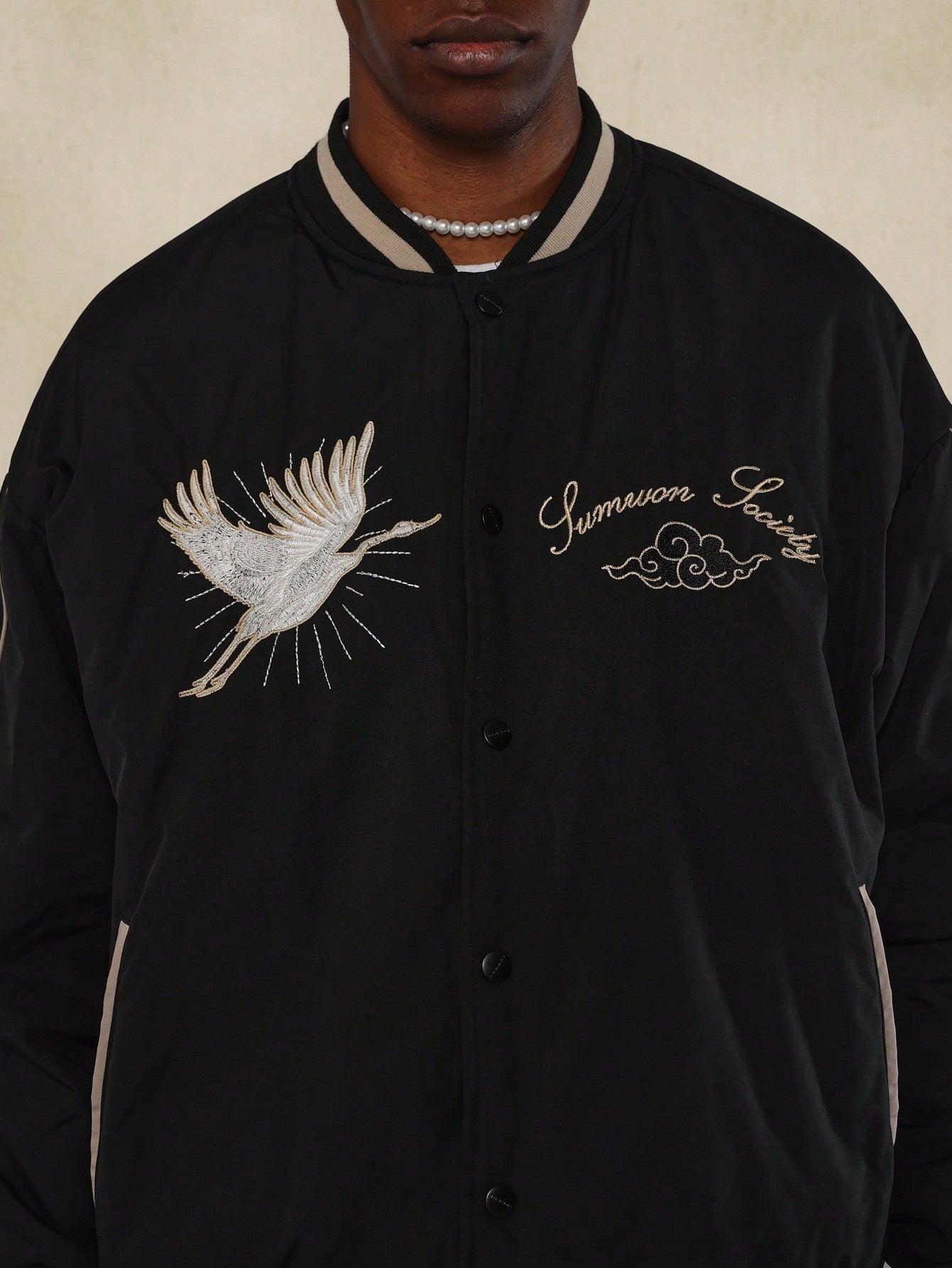 Souvenir Nylon Jacket Japanese Style With Heron Fantasy Bird Spreading Wings Embroidery Detail