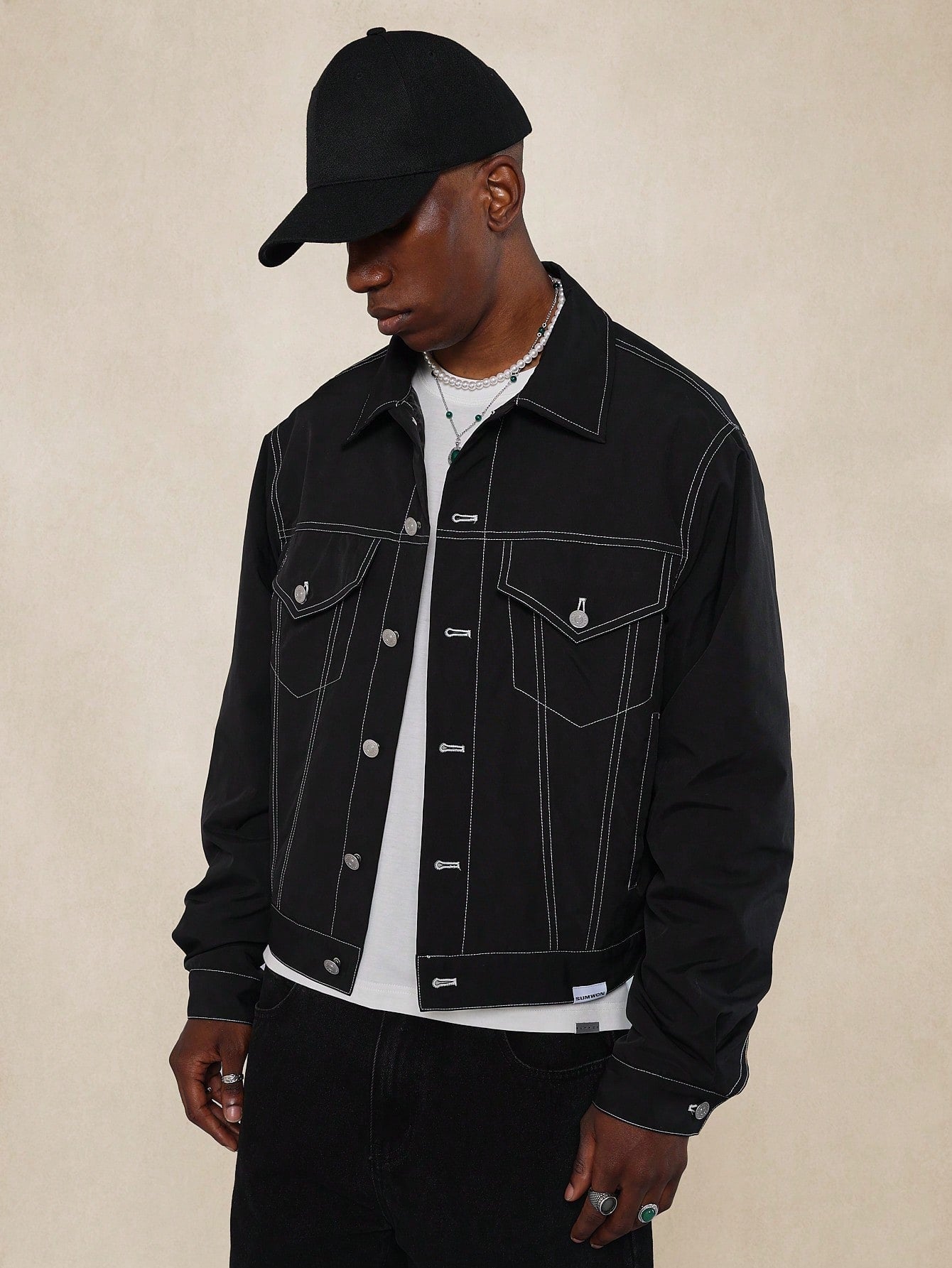 Nylon Trucker Jacket With Contrast Stitching & Embroidery Design