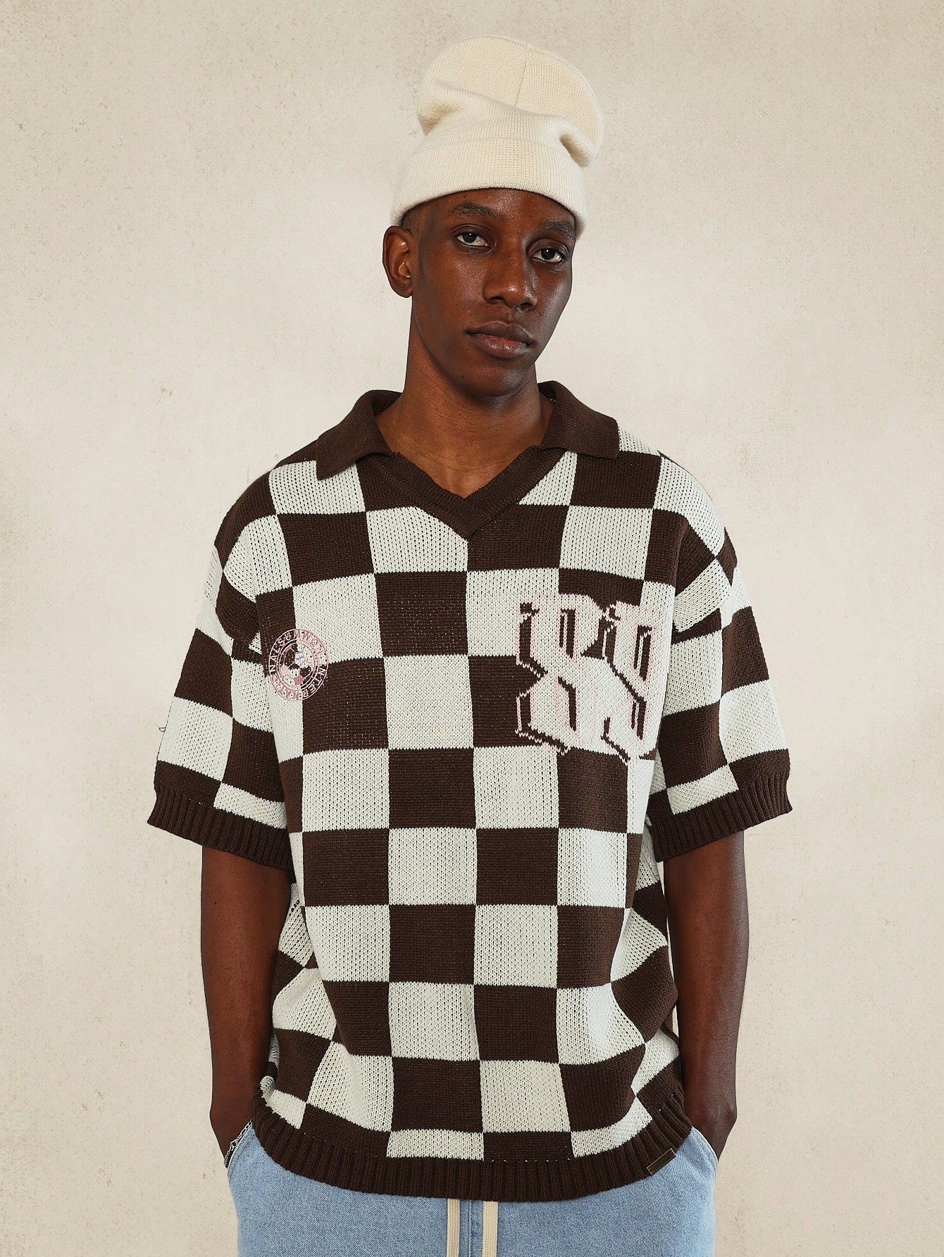 Oversized Checkboard Knit Polo With Number Detail