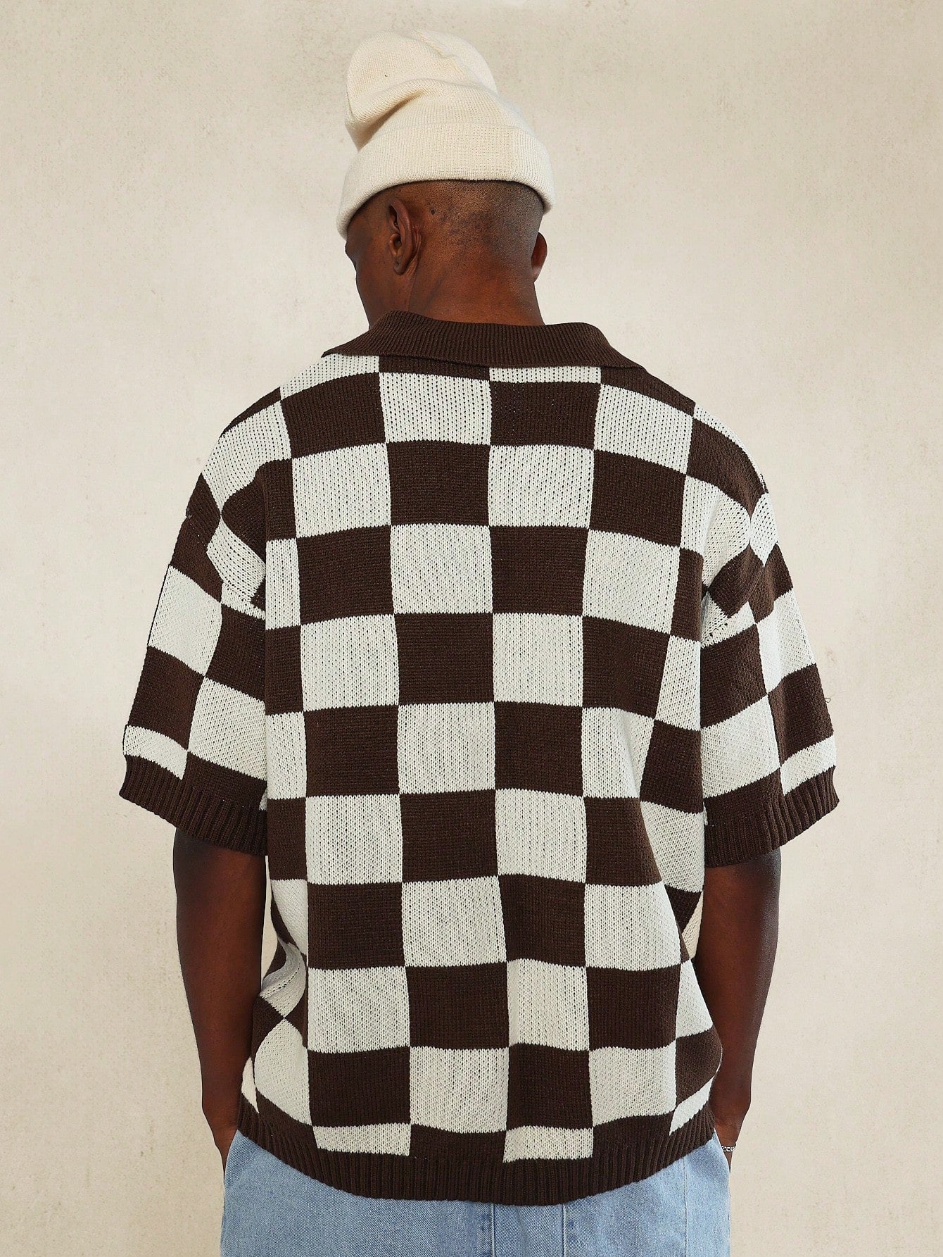 Oversized Checkboard Knit Polo With Number Detail