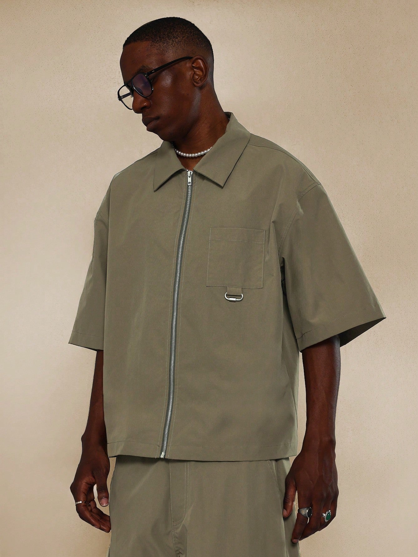 Boxy Nylon Zip-Up Shirt And Loose Fit Nylon Cargo Pant 2 Piece Set