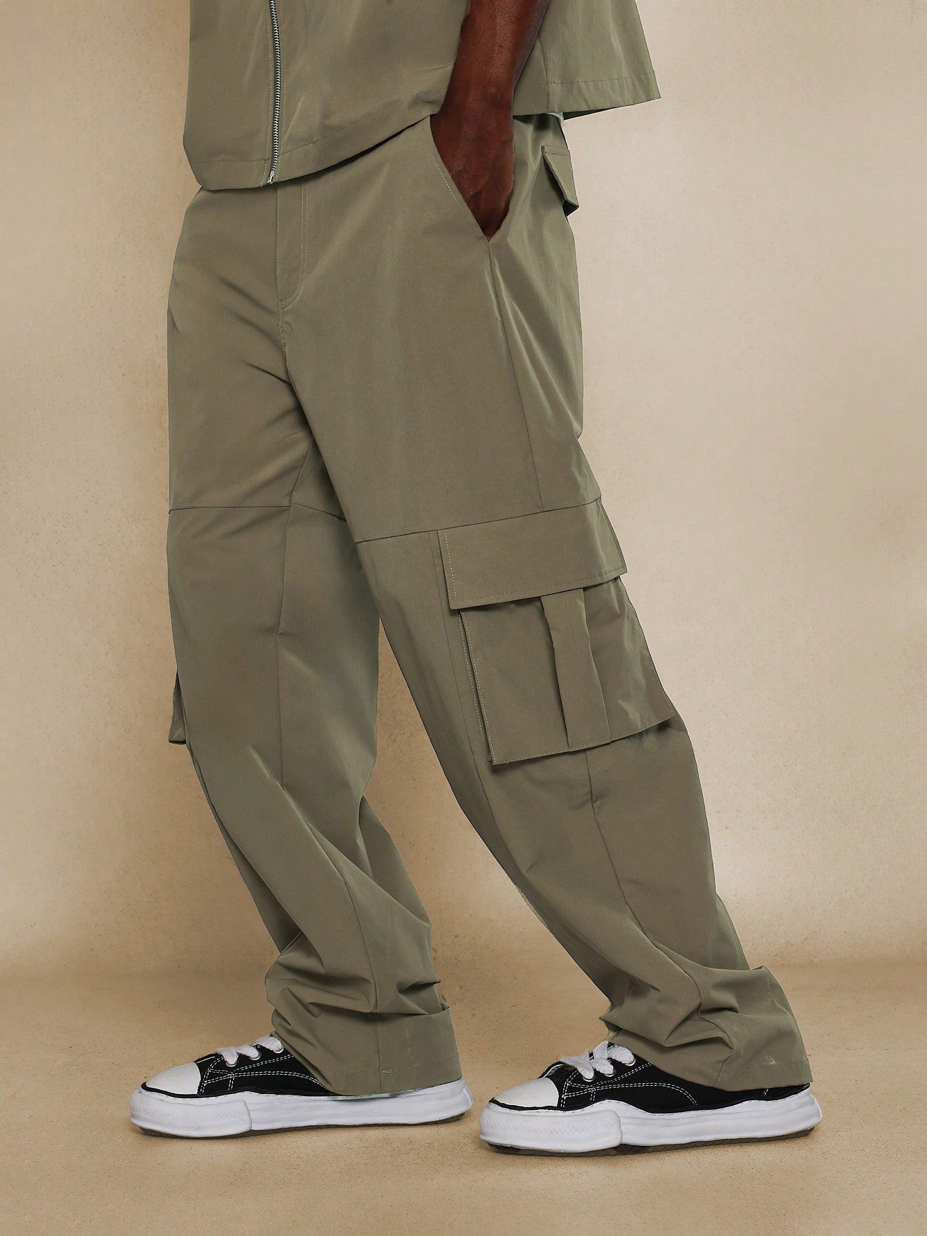 Boxy Nylon Zip-Up Shirt And Loose Fit Nylon Cargo Pant 2 Piece Set