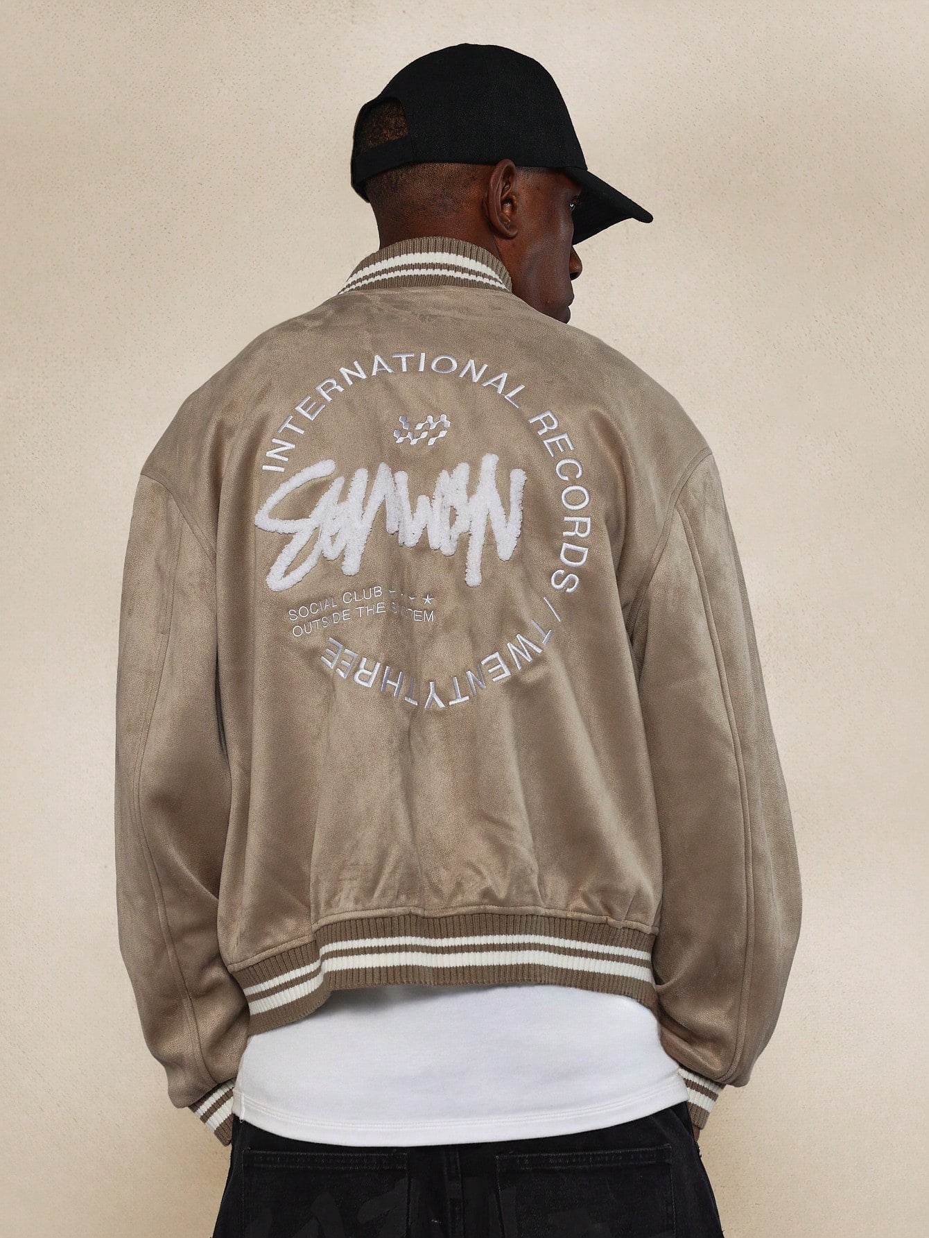 Suedette Varsity Jacket With Embroidery