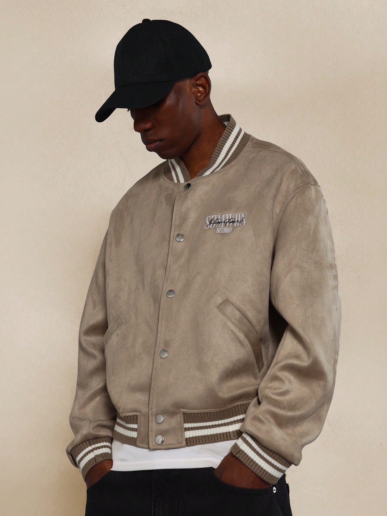 Suedette Varsity Jacket With Embroidery