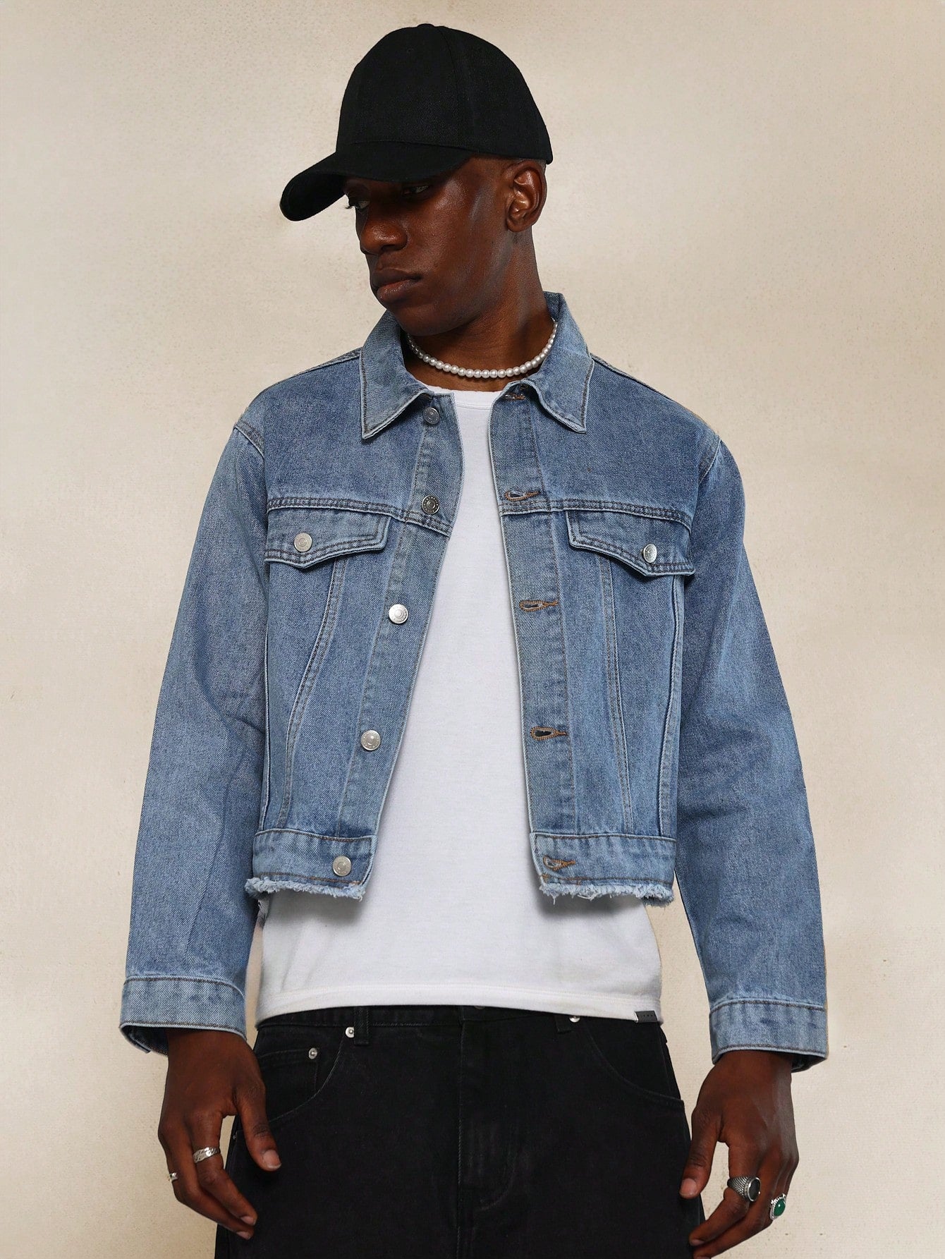 Crop Fit Denim Jacket With Raw Edge Detail