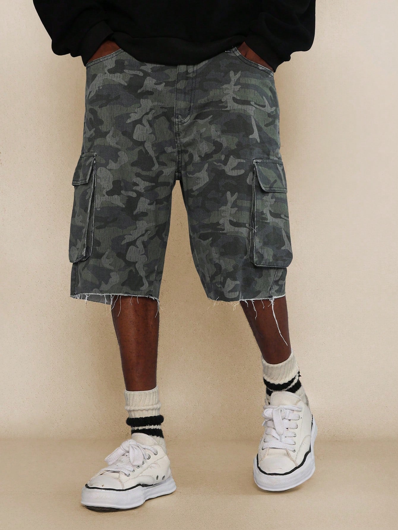 Camo Printed Denim Raw Edge Cargo Short