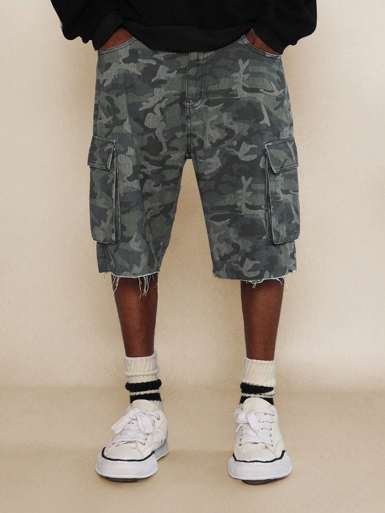 Camo Printed Denim Raw Edge Cargo Short