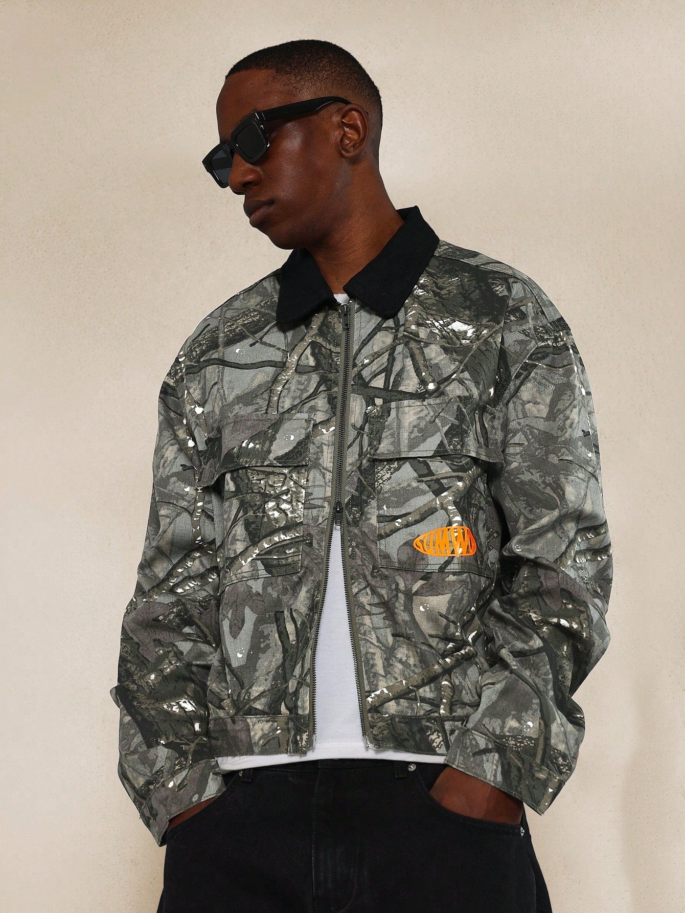 Regular Fit All Over Printed Twill Zip Through Jacket