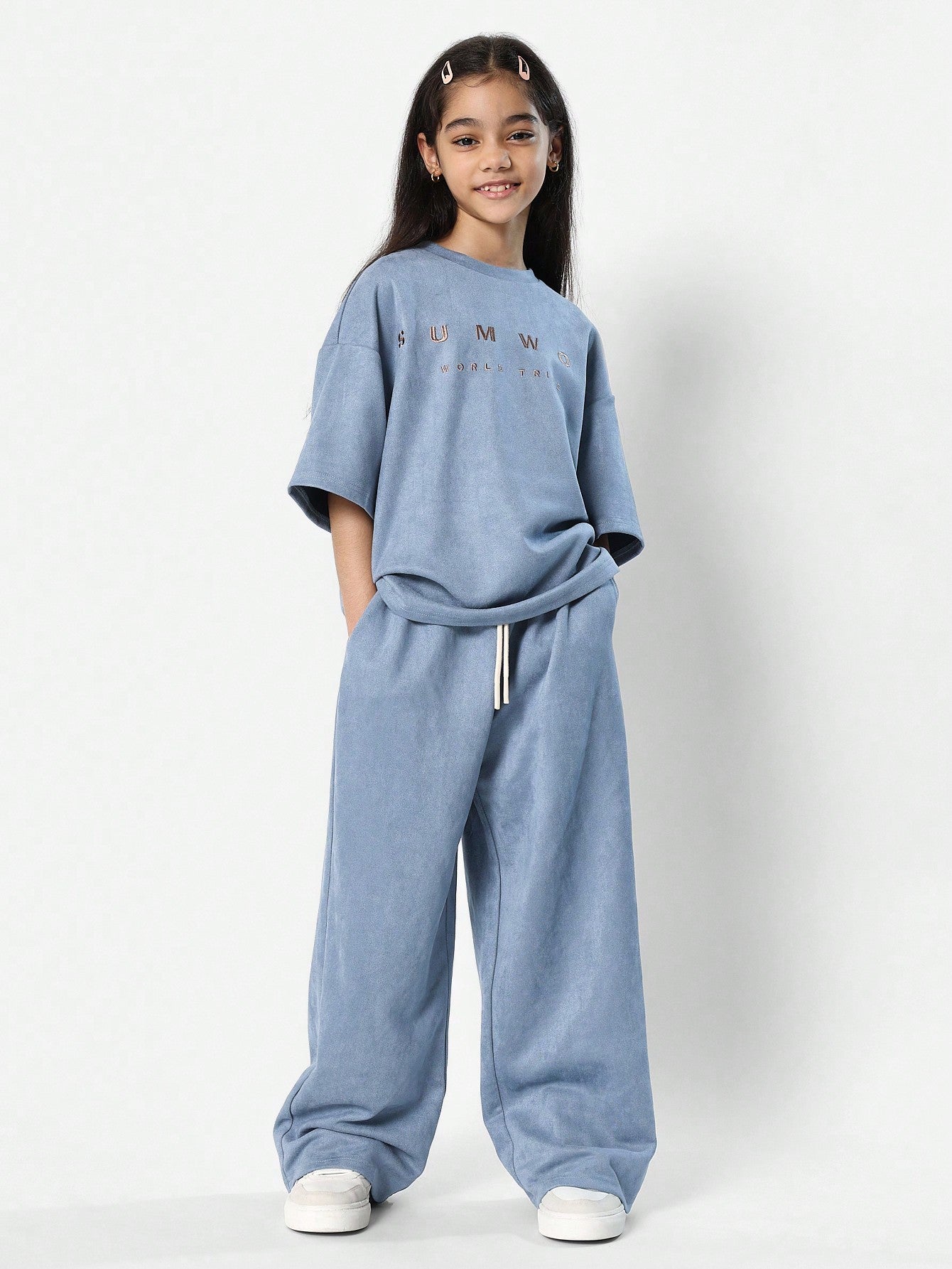 Tween Girls Oversized Fit Suedette Tee And Wide Leg Sweatpants 2 Piece Set