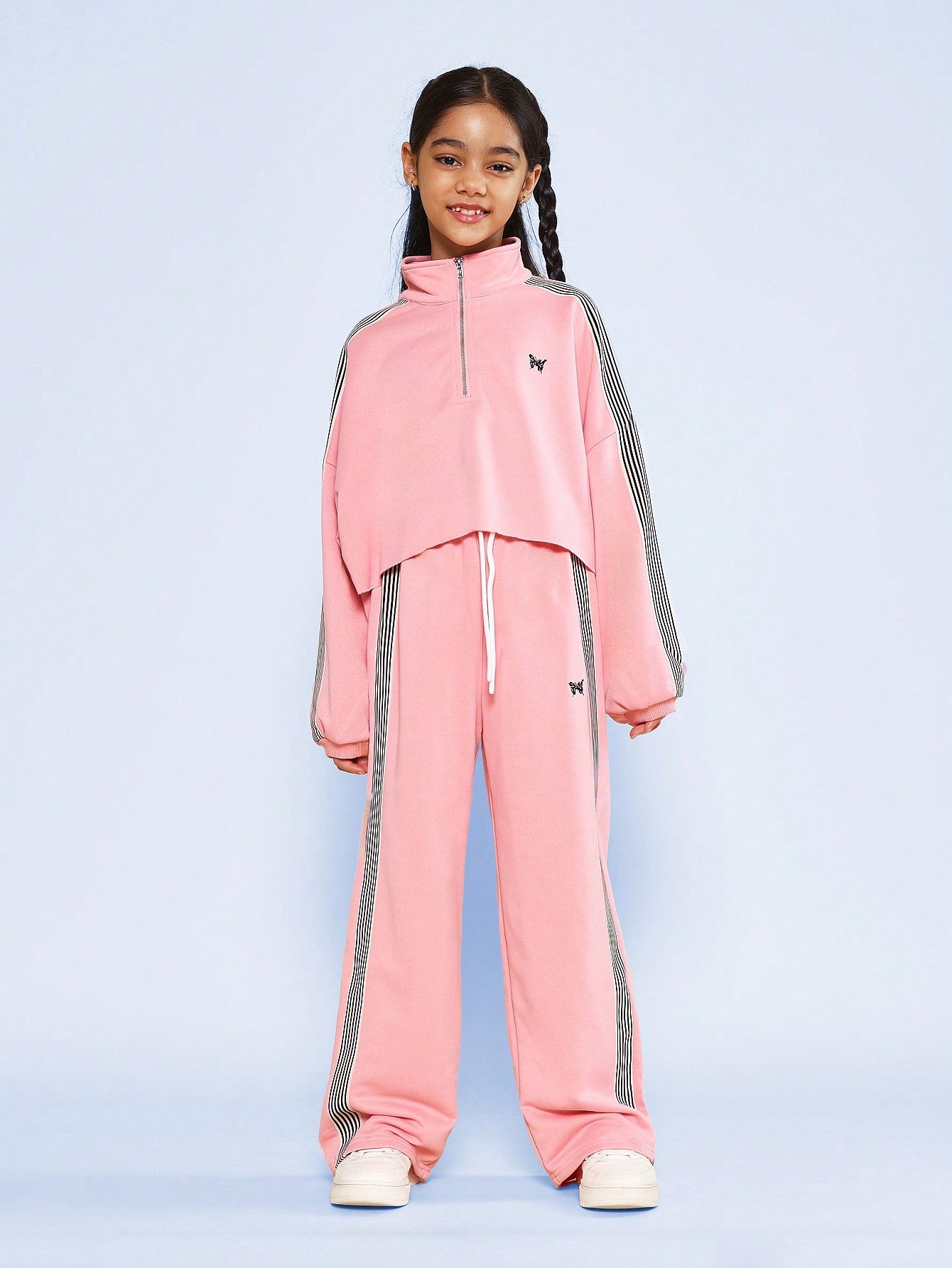 Tween Girls Crop Long Sleeve Funnel Neck Track Shirt And Pant With Side Stripe Tape & Embroidered Butterfly 2 Piece Set