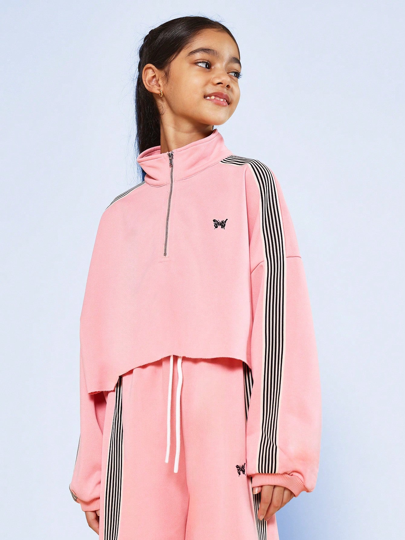 Tween Girls Crop Long Sleeve Funnel Neck Track Shirt And Pant With Side Stripe Tape & Embroidered Butterfly 2 Piece Set