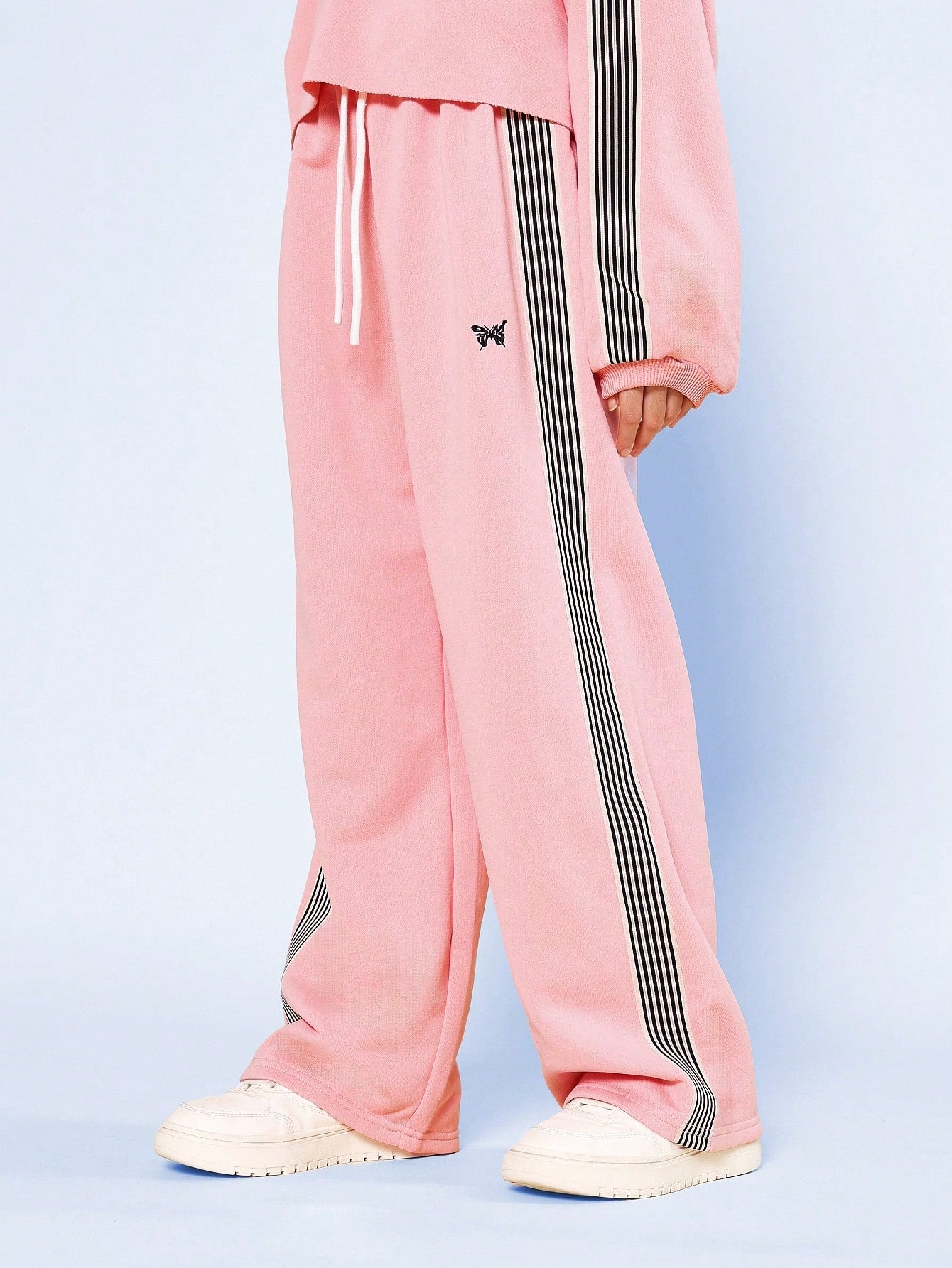 Tween Girls Crop Long Sleeve Funnel Neck Track Shirt And Pant With Side Stripe Tape & Embroidered Butterfly 2 Piece Set