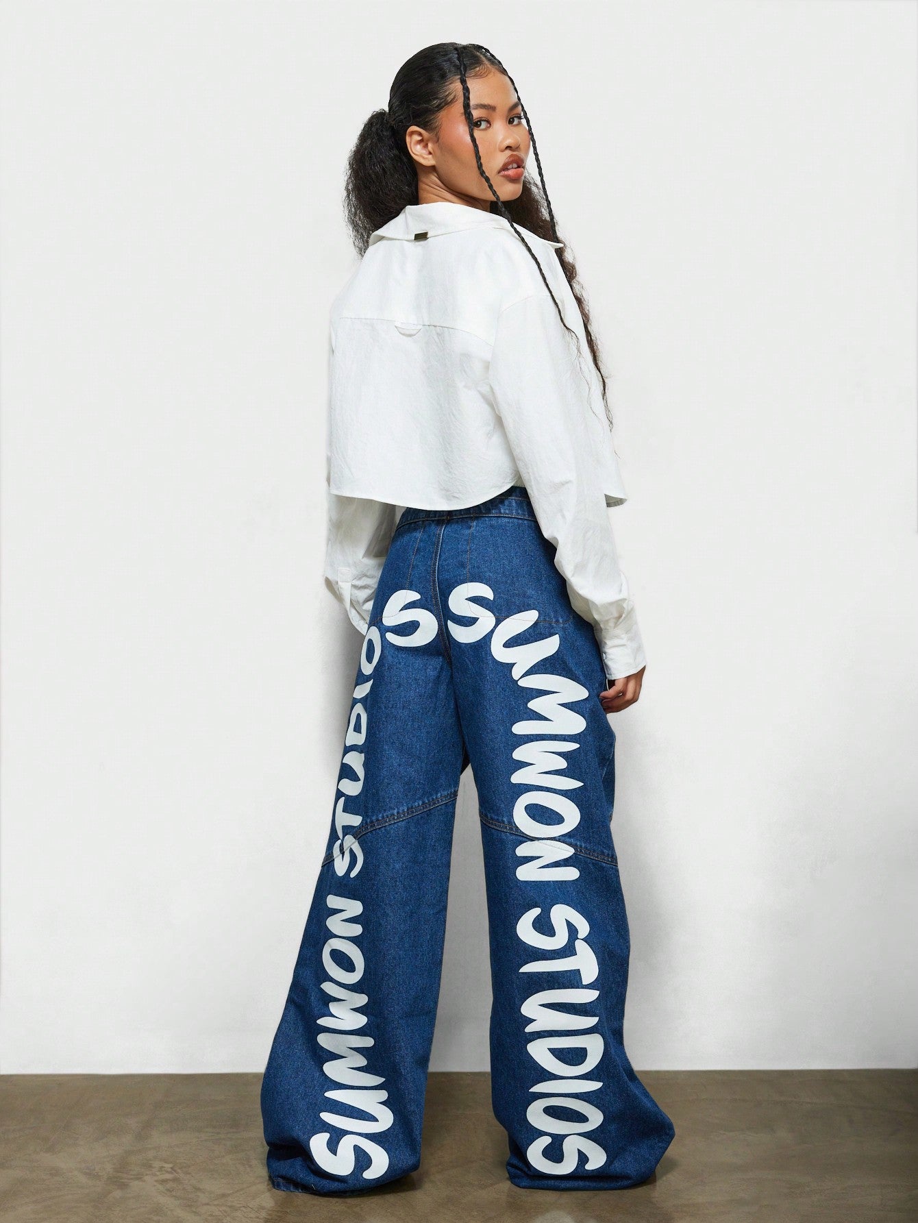 SUMWON WOMEN Washed Baggy Wide Leg Jeans With Back Print