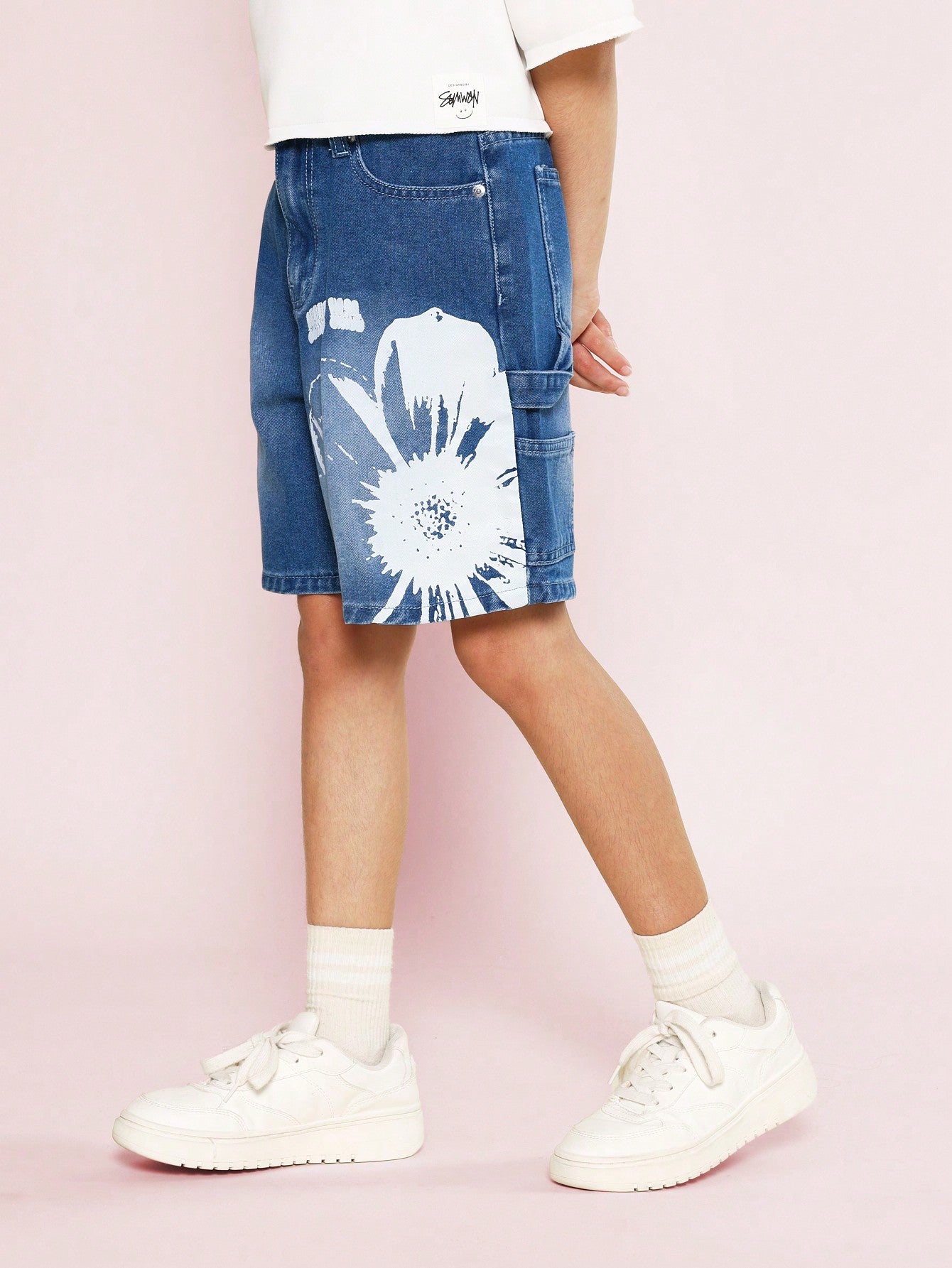 Tween Girls Carpenter Denim Short With Floral Graphic Print