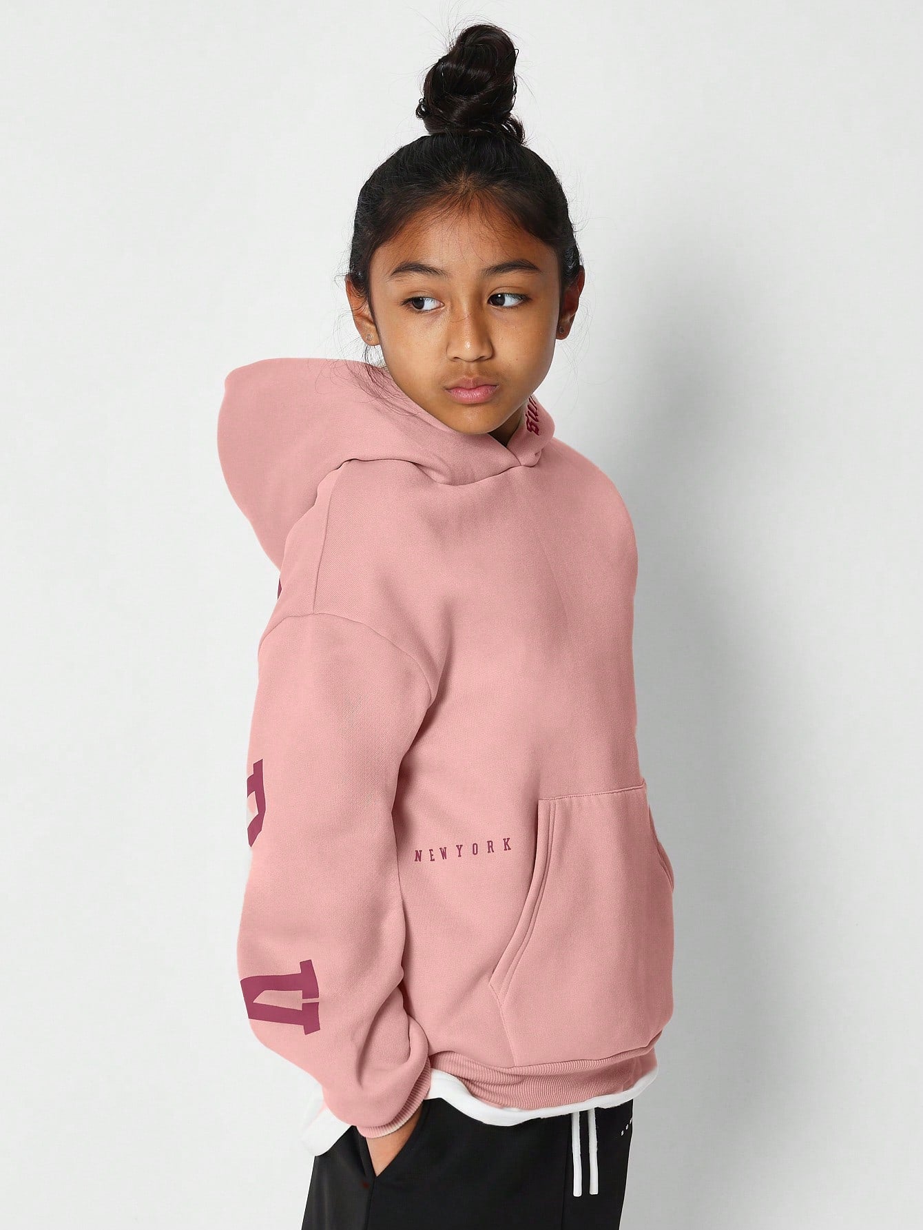 Tween Girls Overhead Hoodie With Immense New York Graphic Print