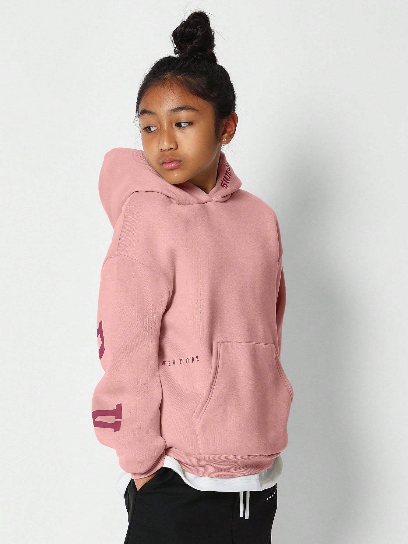 Tween Girls Overhead Hoodie With Immense New York Graphic Print