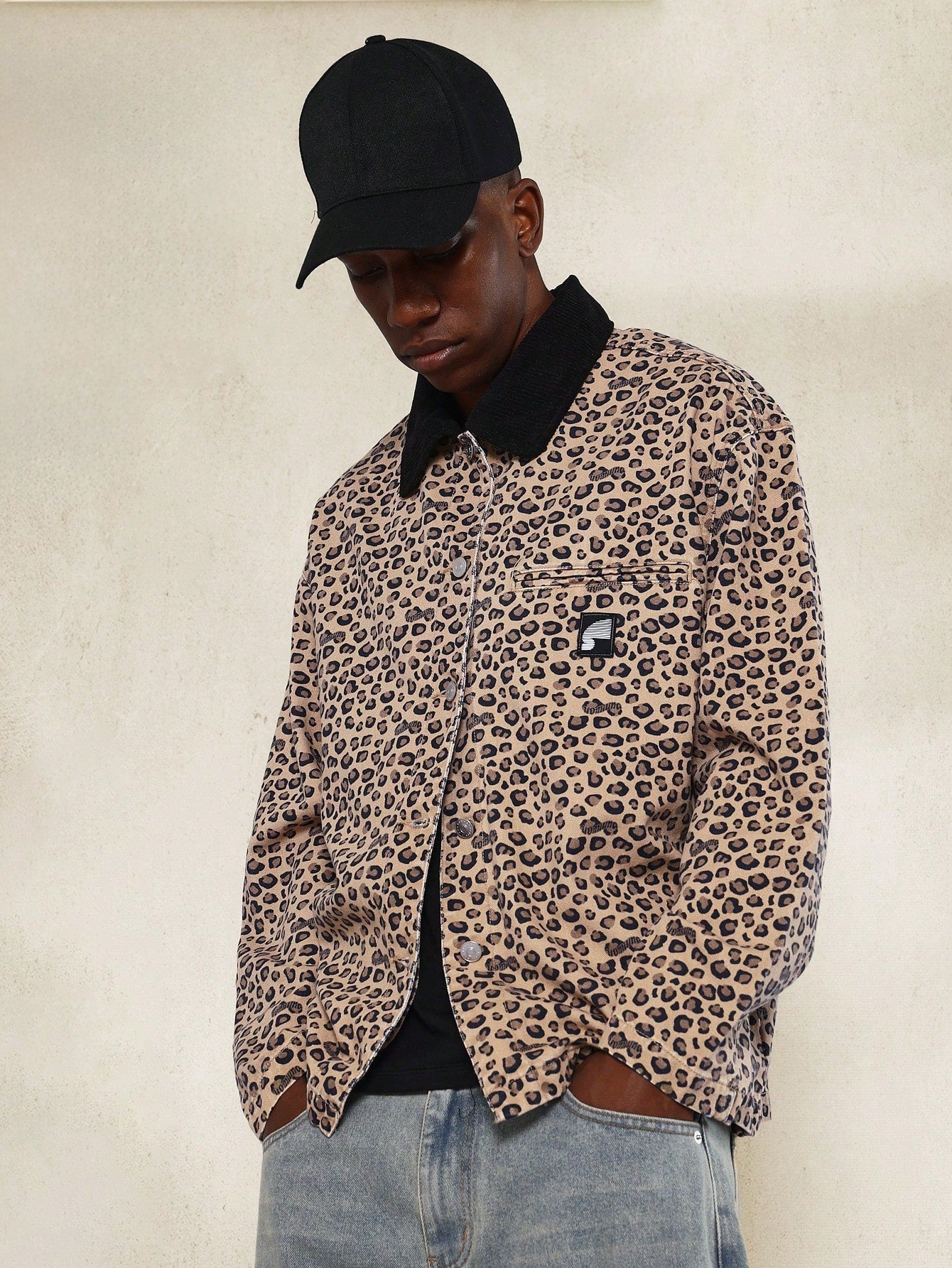 Leopard Longline Print Twill Denim Worker Jacket With Corduroy Collar