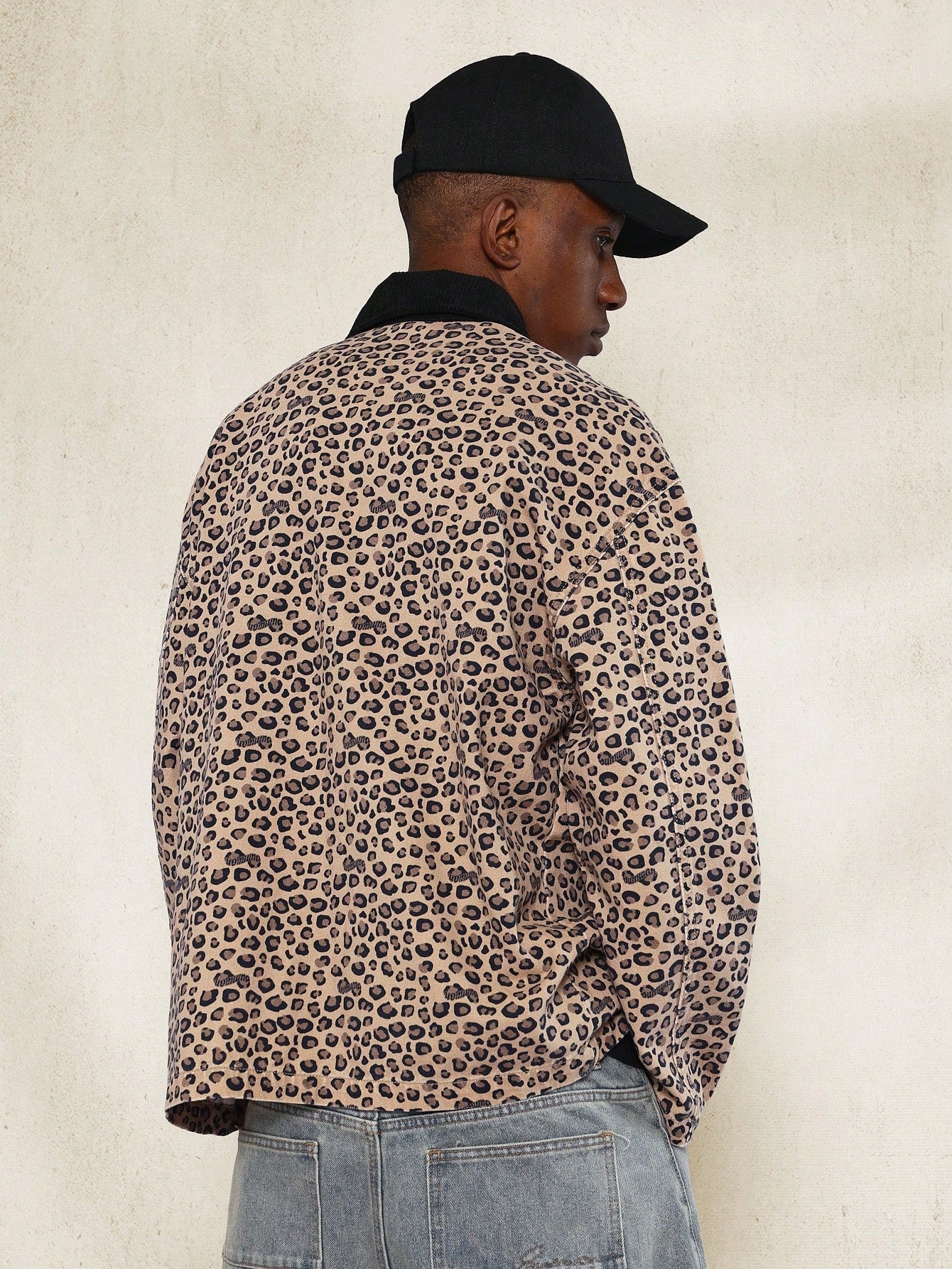 Leopard Longline Print Twill Denim Worker Jacket With Corduroy Collar