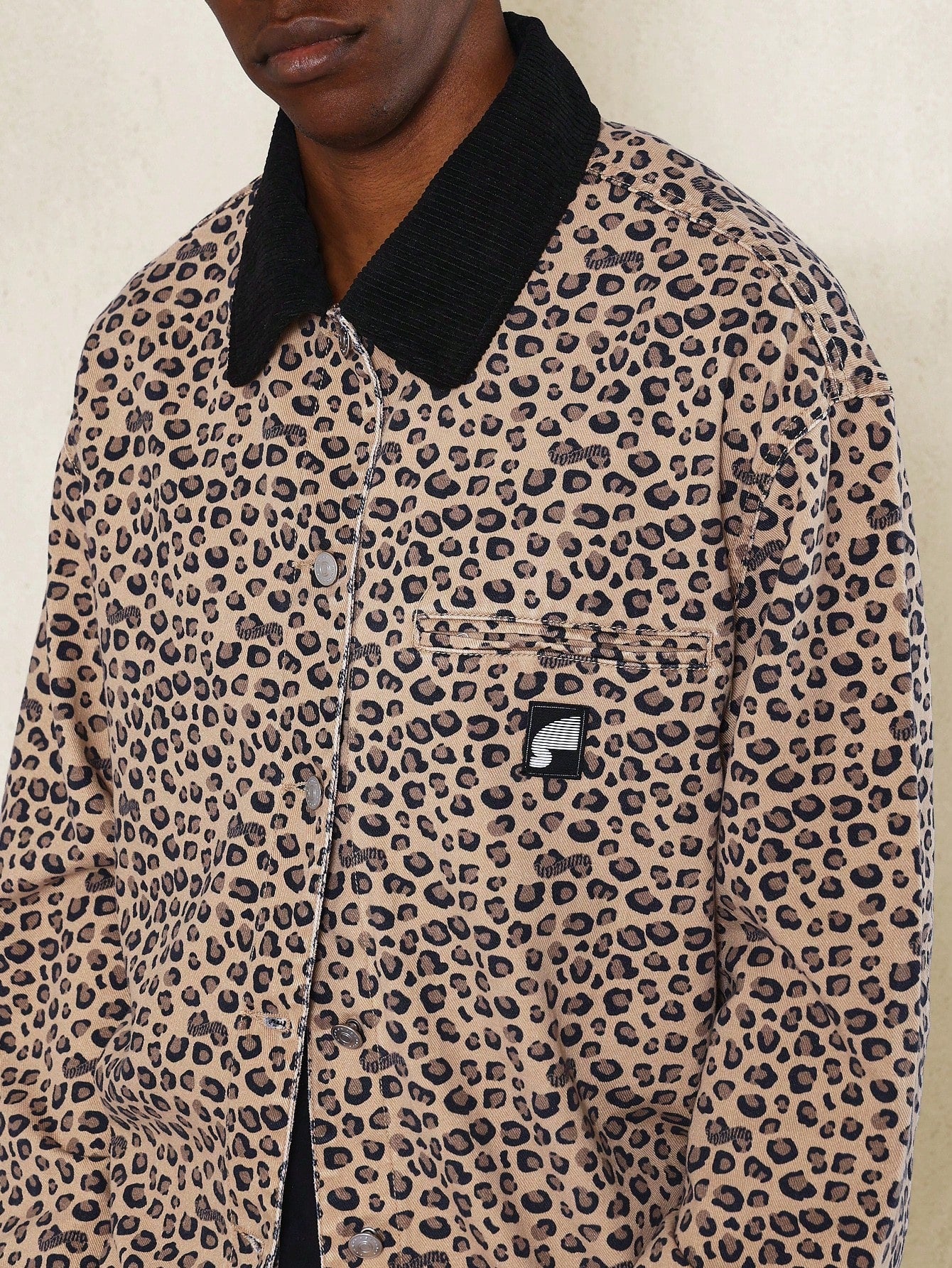 Leopard Longline Print Twill Denim Worker Jacket With Corduroy Collar