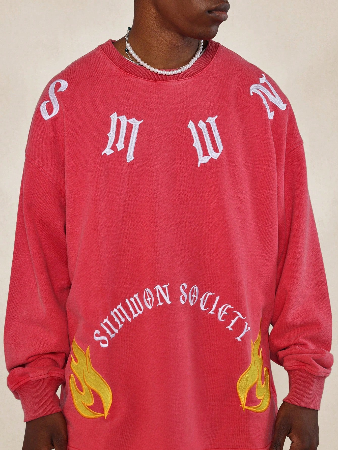 Washed Loopback Long Sleeve Sweatshirt With Large Embroidered Design