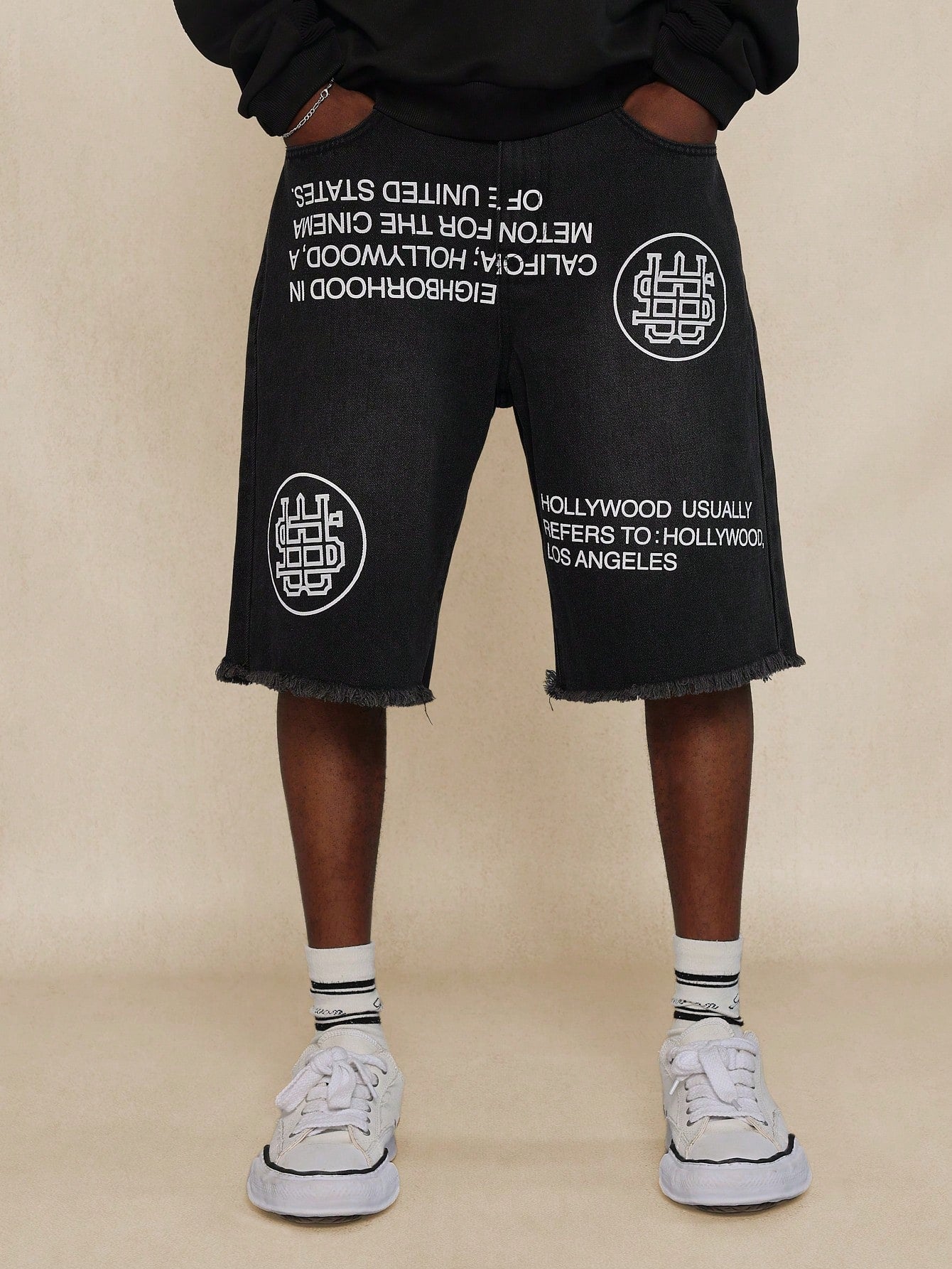 Raw Edge Denim Bermuda Short With Text & Graphic Print