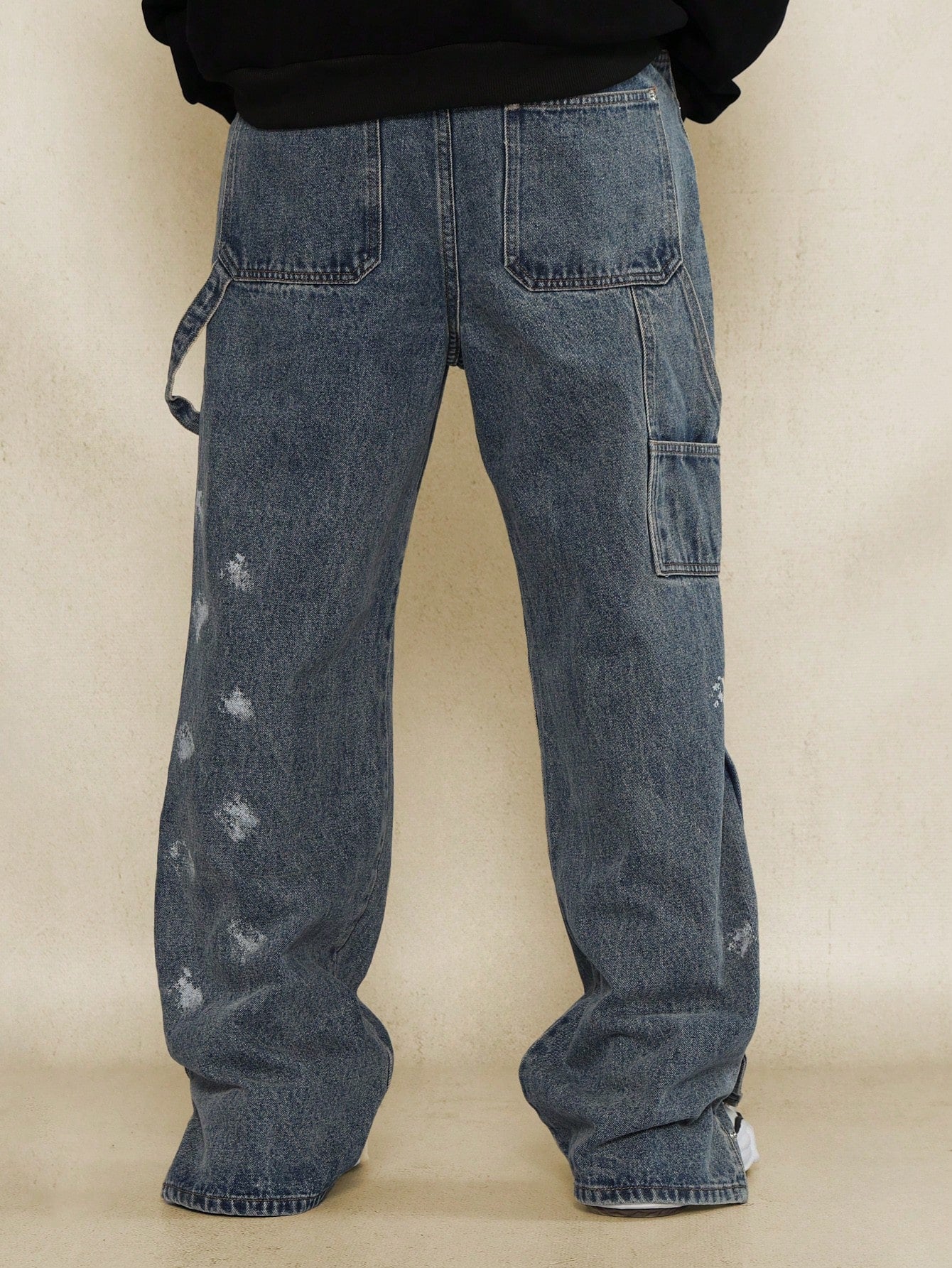 Straight Fit Distressed Denim Carpenter Jean With Splatter Paint & Side Snap Split