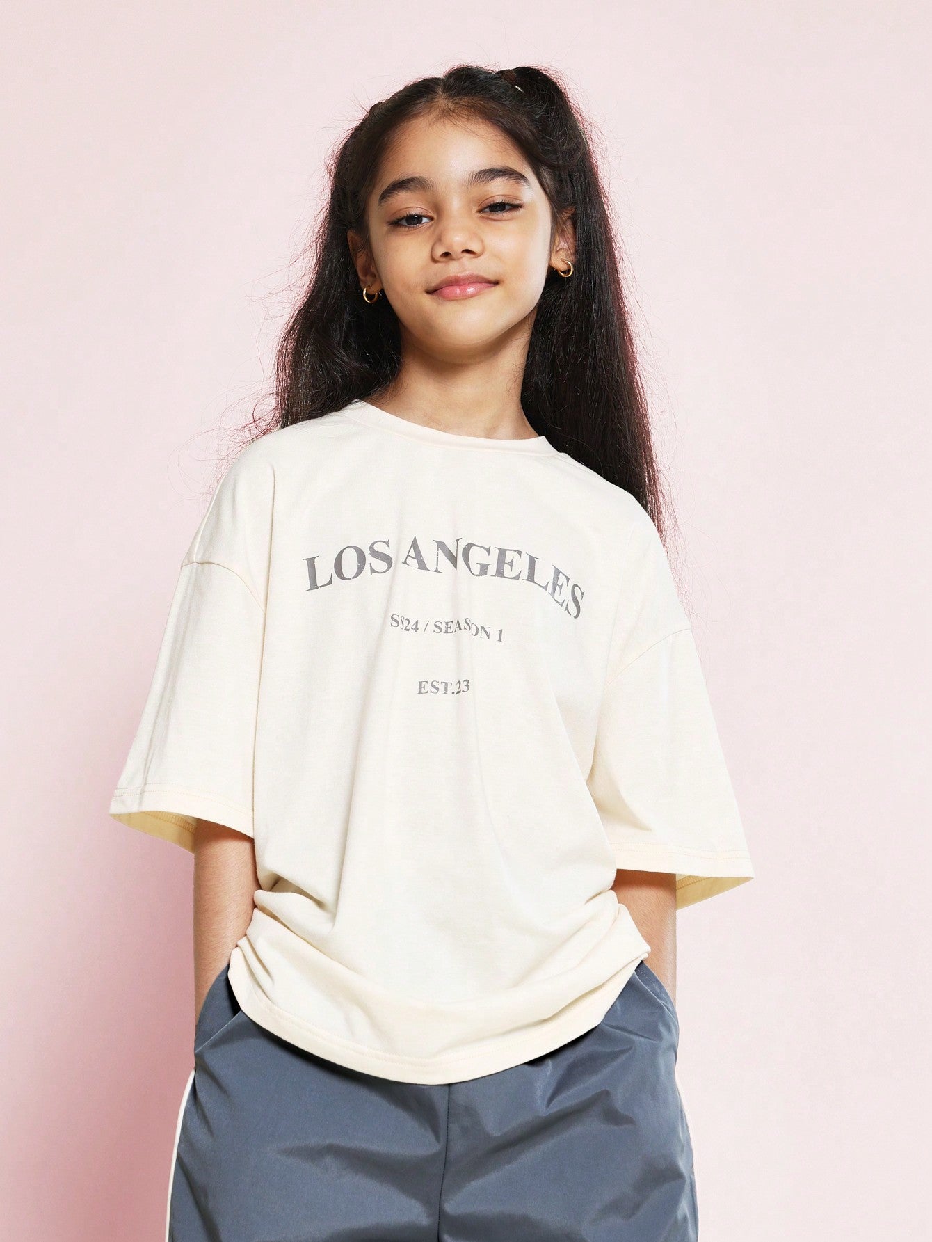 Tween Girls Oversized Tee With Los Angeles Graphic Print And Baggy Track Pant 2 Piece Set