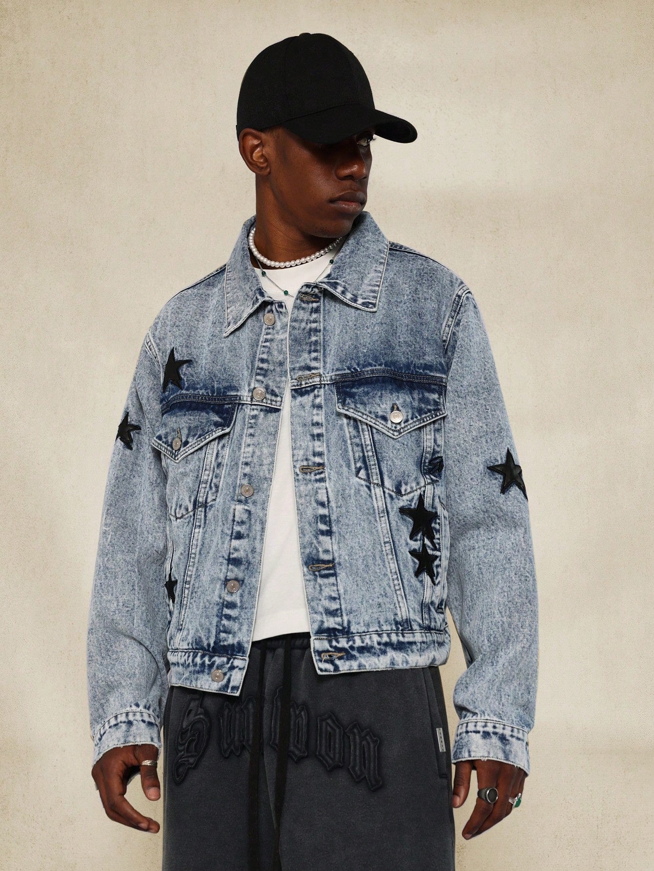 Washed Trucker Denim Jacket With PU Patches & Embroidery