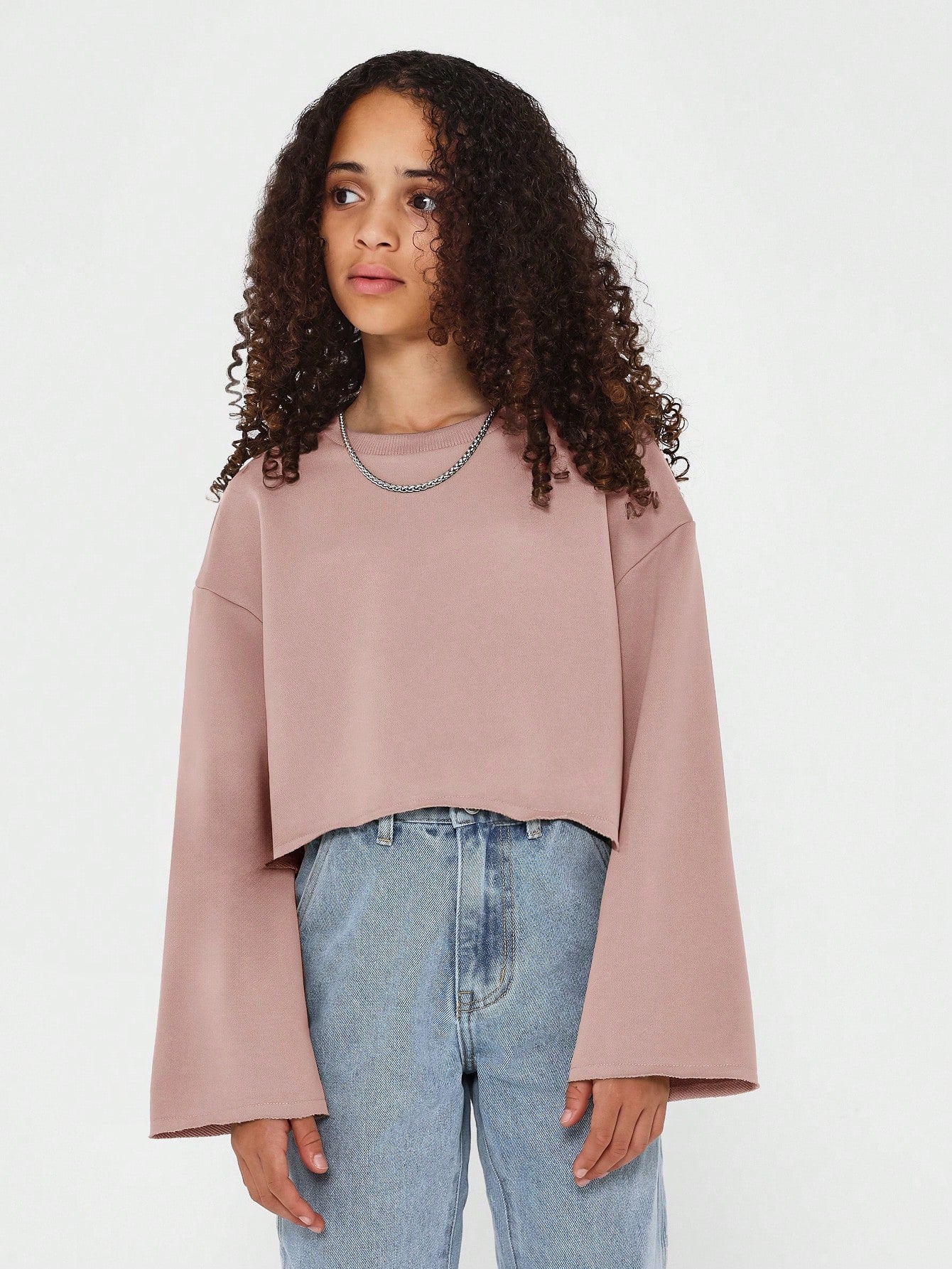 Tween Girls Crop Fit Flare Sleeves Essential Sweatshirt