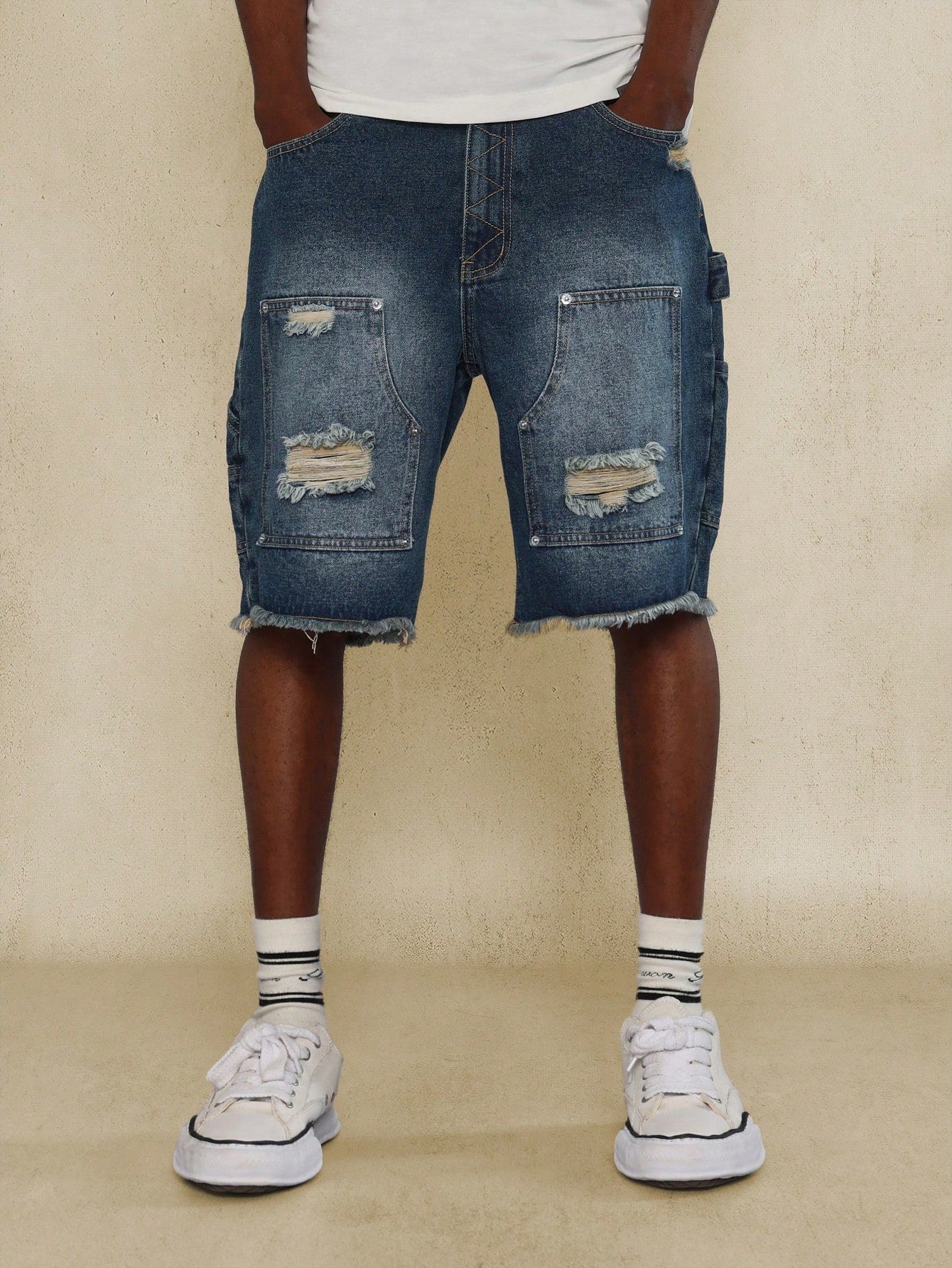 Raw Edge Ripped Denim Carpenter Short