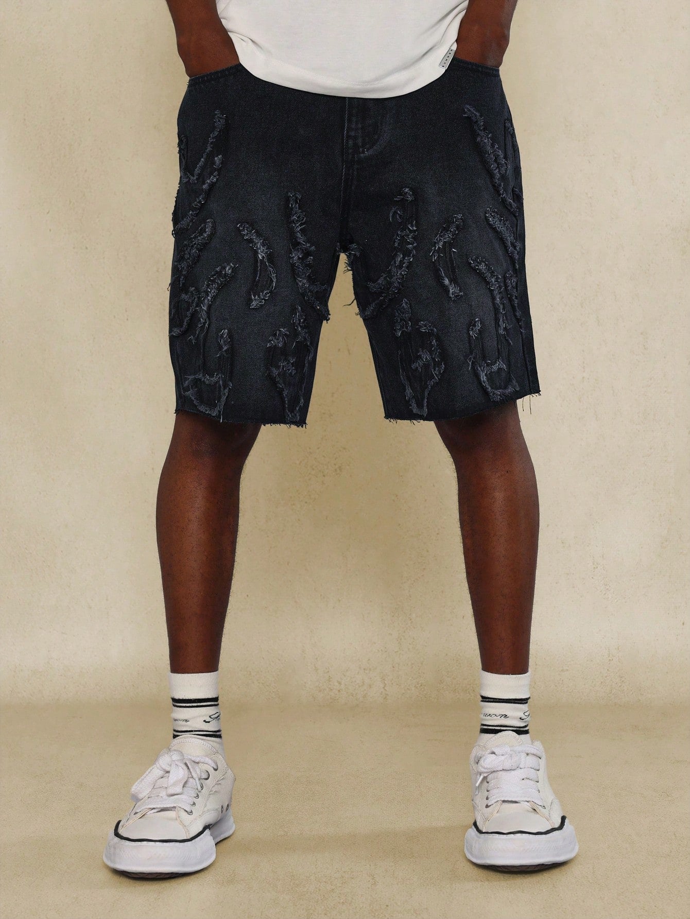 Raw Edge Denim Short With Raw Applique Design