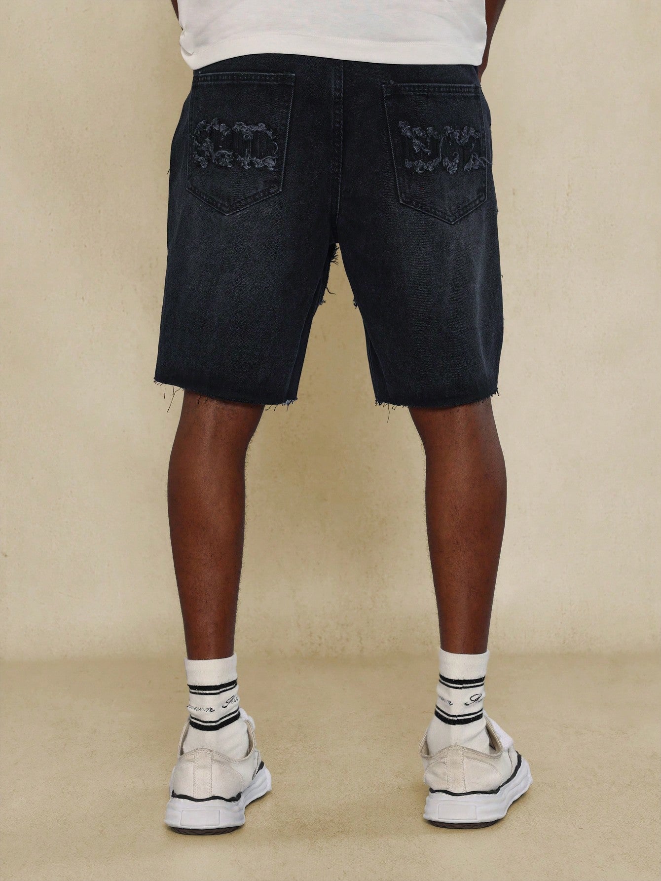 Raw Edge Denim Short With Raw Applique Design