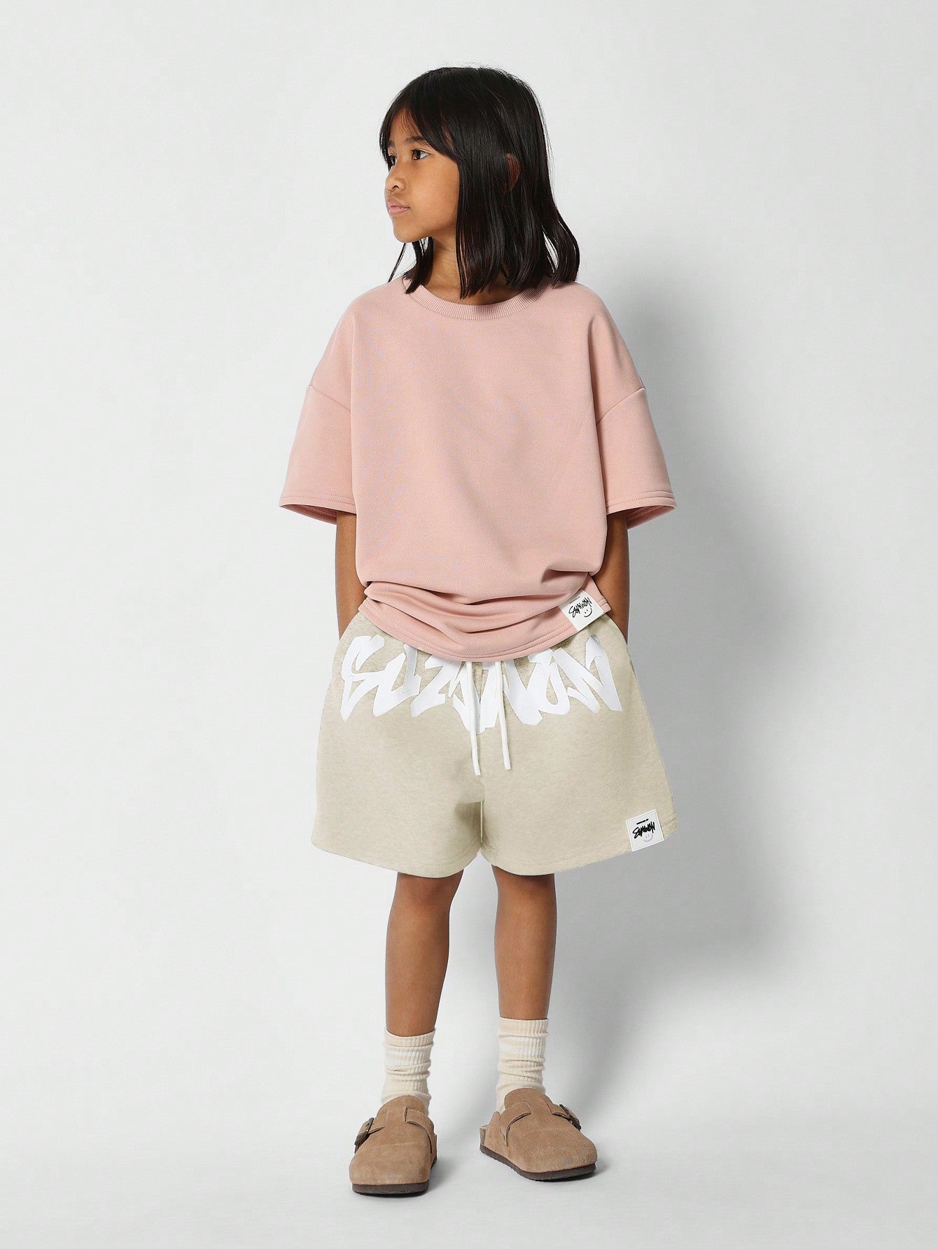 Tween Girls Drop Crotch Short With Front Graphic Print