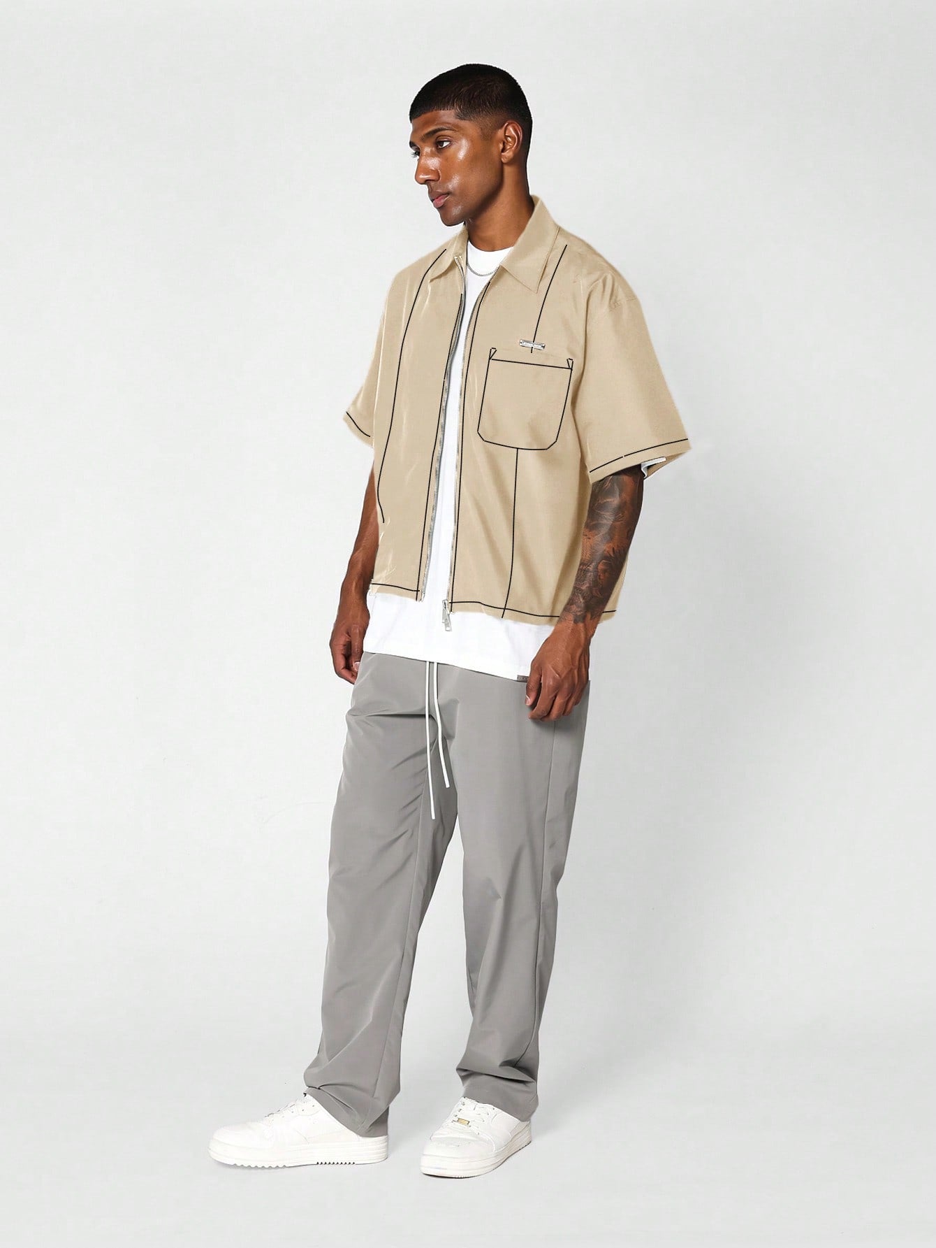 Boxy Fit Zip Through Shirt With Patch Pocket