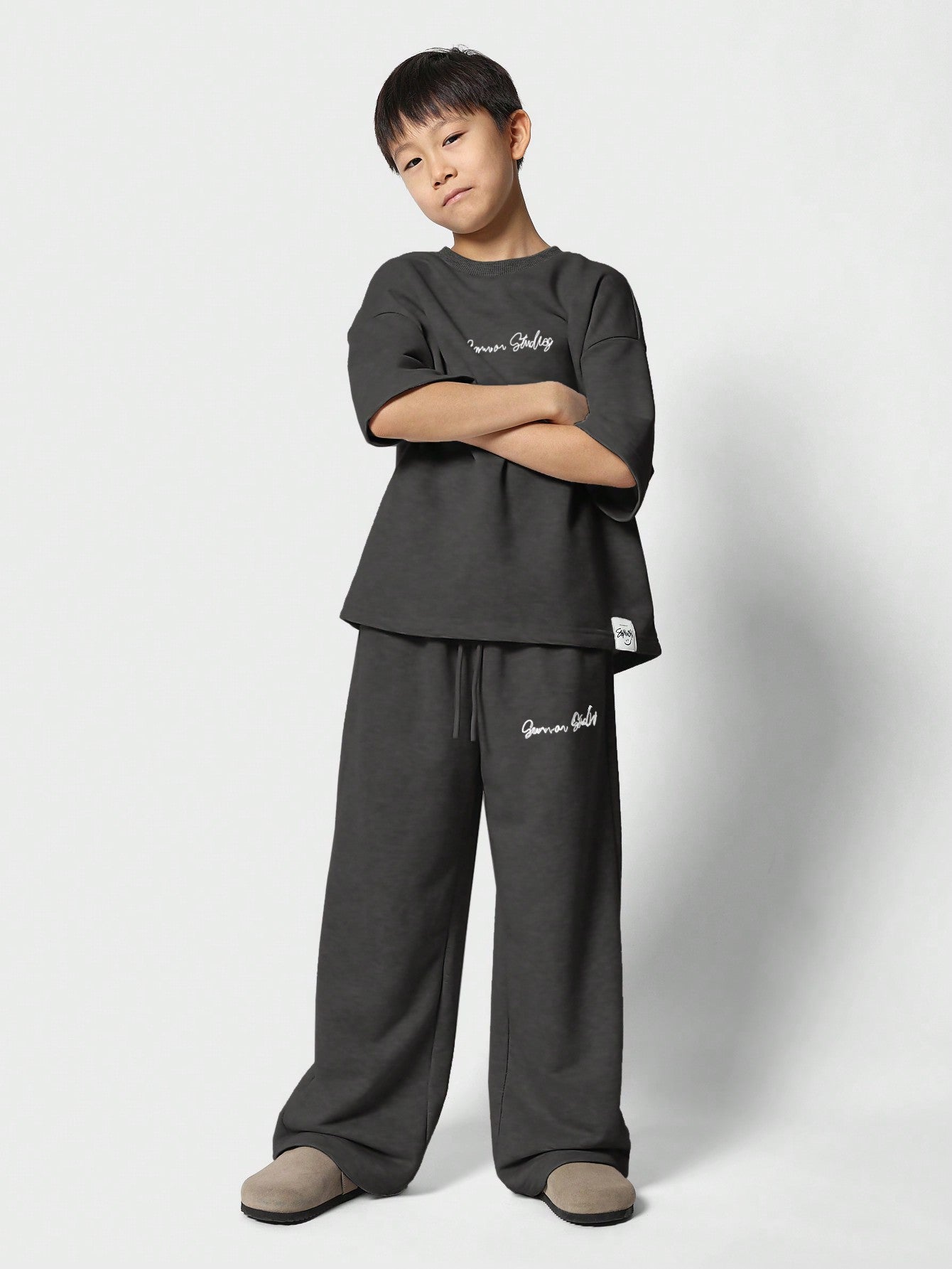 Tween Boys Oversized Elbow Sleeve Tee And Straight Fit Jogger With Embroidery Print 2 Piece Set