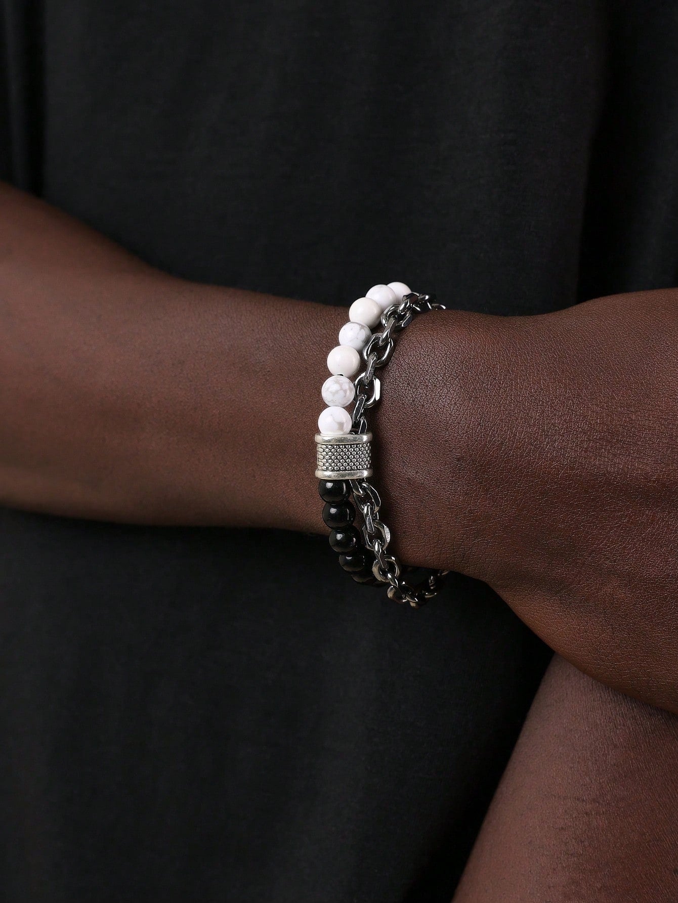 White Turquoise Patchwork Chain Contrast Color Double-Layer Bracelet Suitable For Men