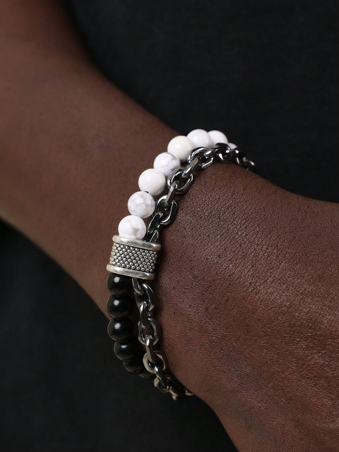 White Turquoise Patchwork Chain Contrast Color Double-Layer Bracelet Suitable For Men