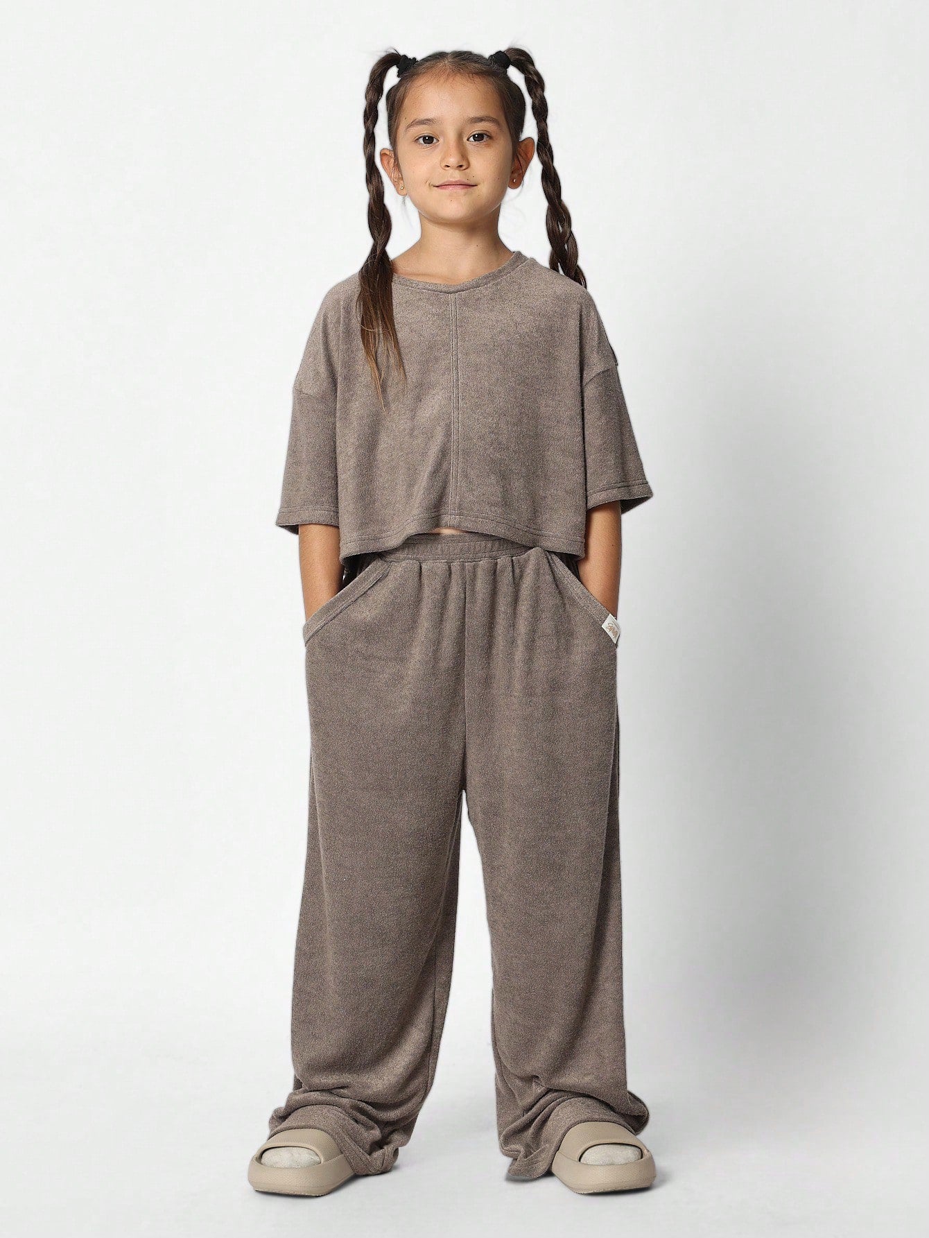 Tween Girls Towelling Crop Fit Tee With Wide Leg Joggers 2 Piece Set