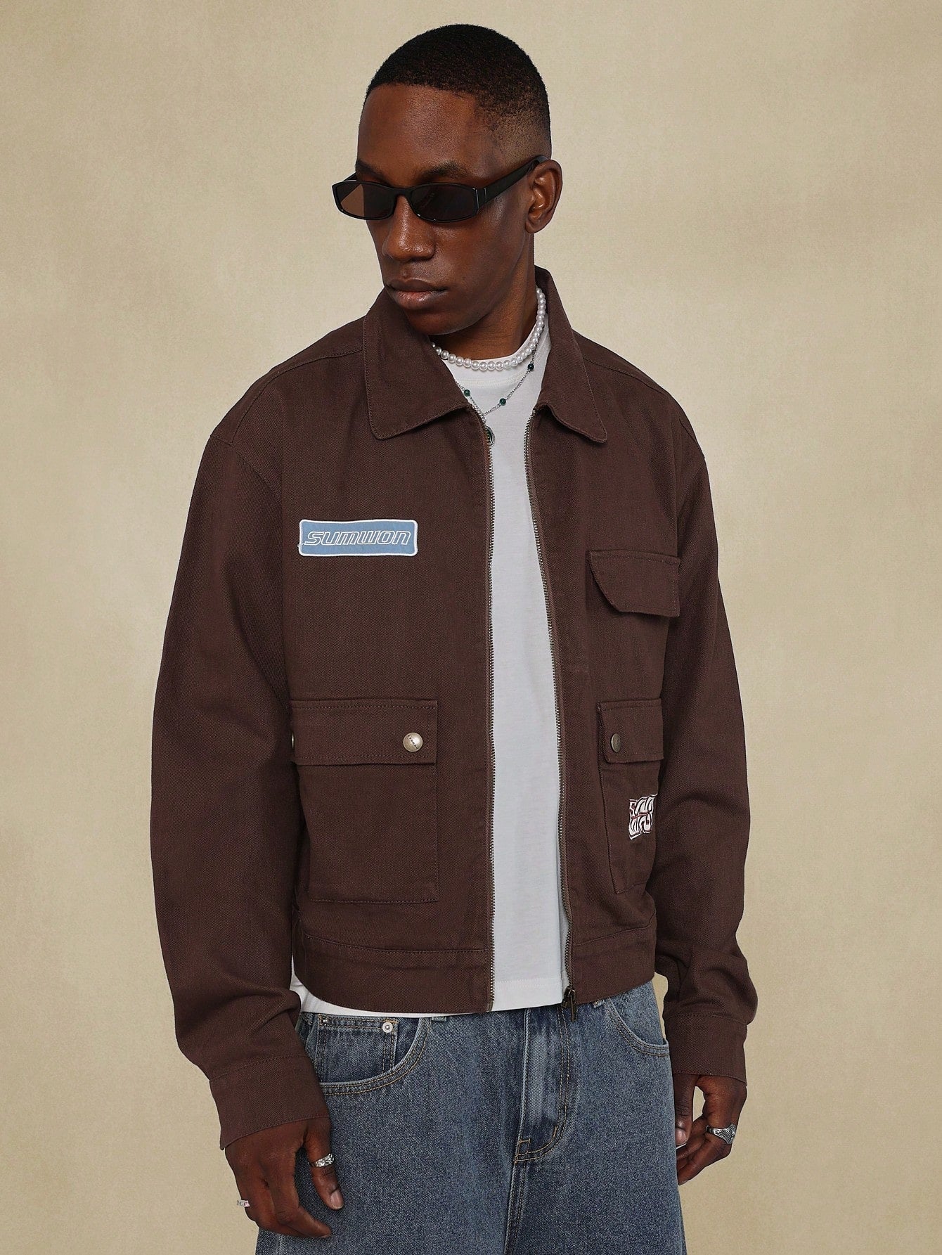 Twill Worker Zip Through Jacket With Patches