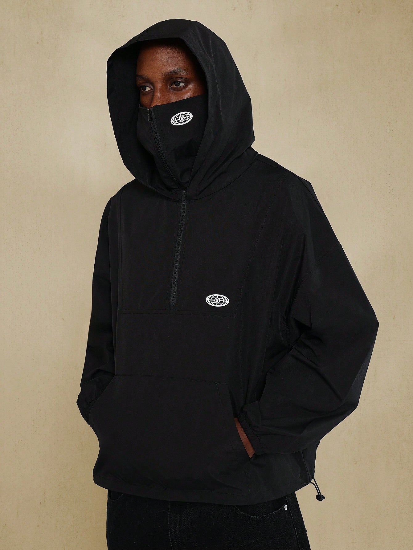 Regular Fit Nylon Half Zip Mask Hoodie With Graphic Print