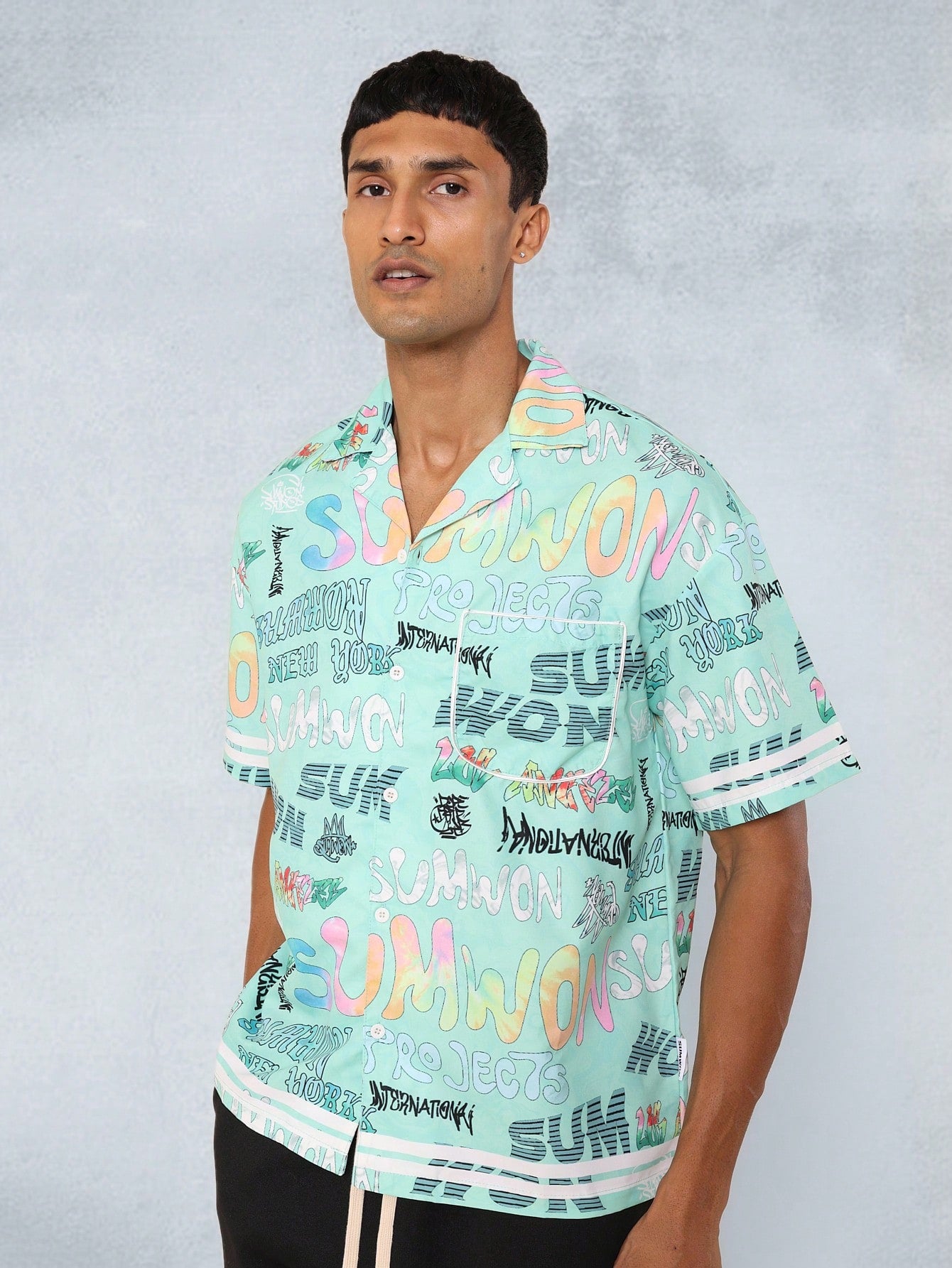 Relaxed Fit Revere Collar Shirt With All Over Print