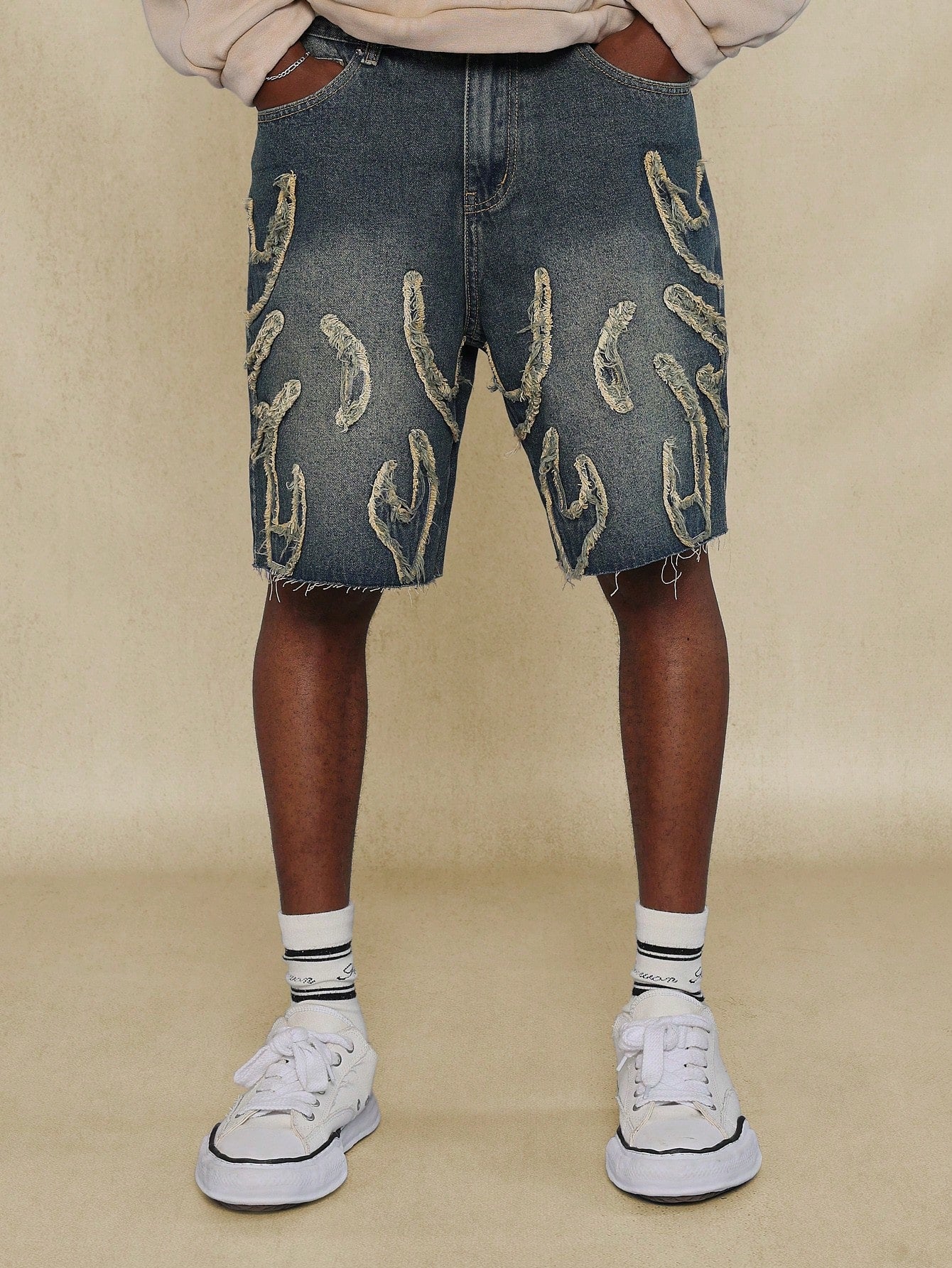 Washed Raw Edge Denim Short With All Over Raw Edge Applique