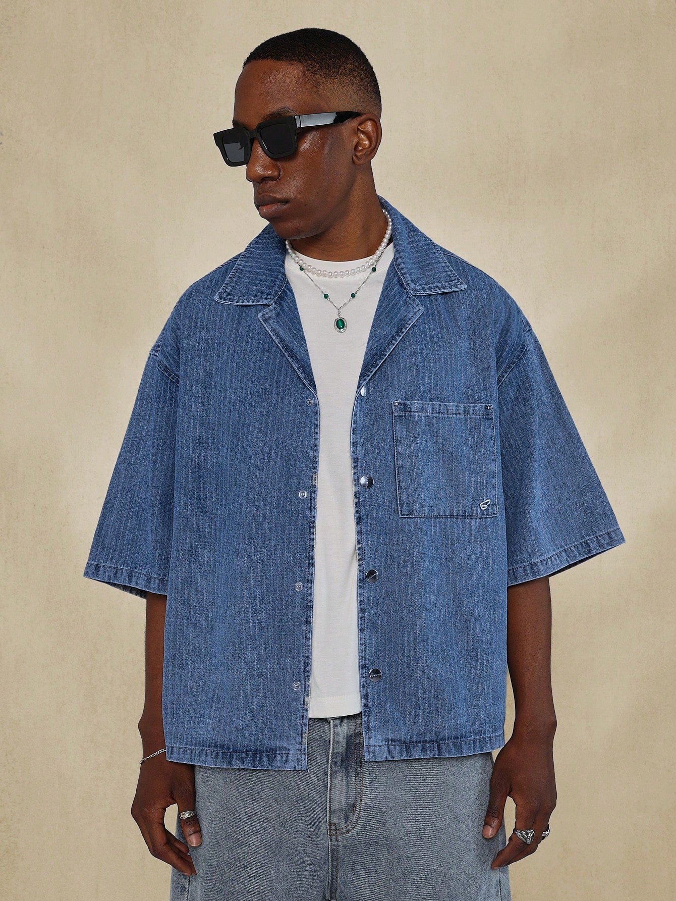 Boxy Fit Revere Collar Stripe Denim Shirt