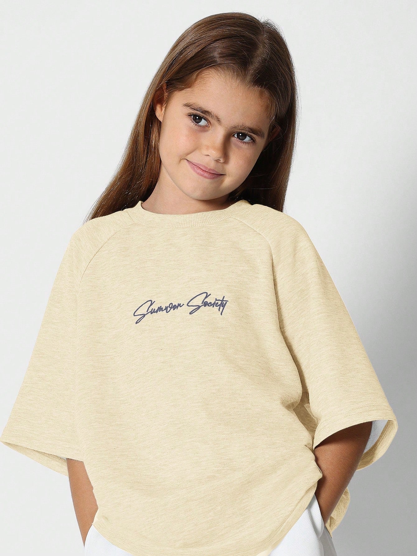 Tween Girls Oversized Fit Raglan Tee With Embroidery Print